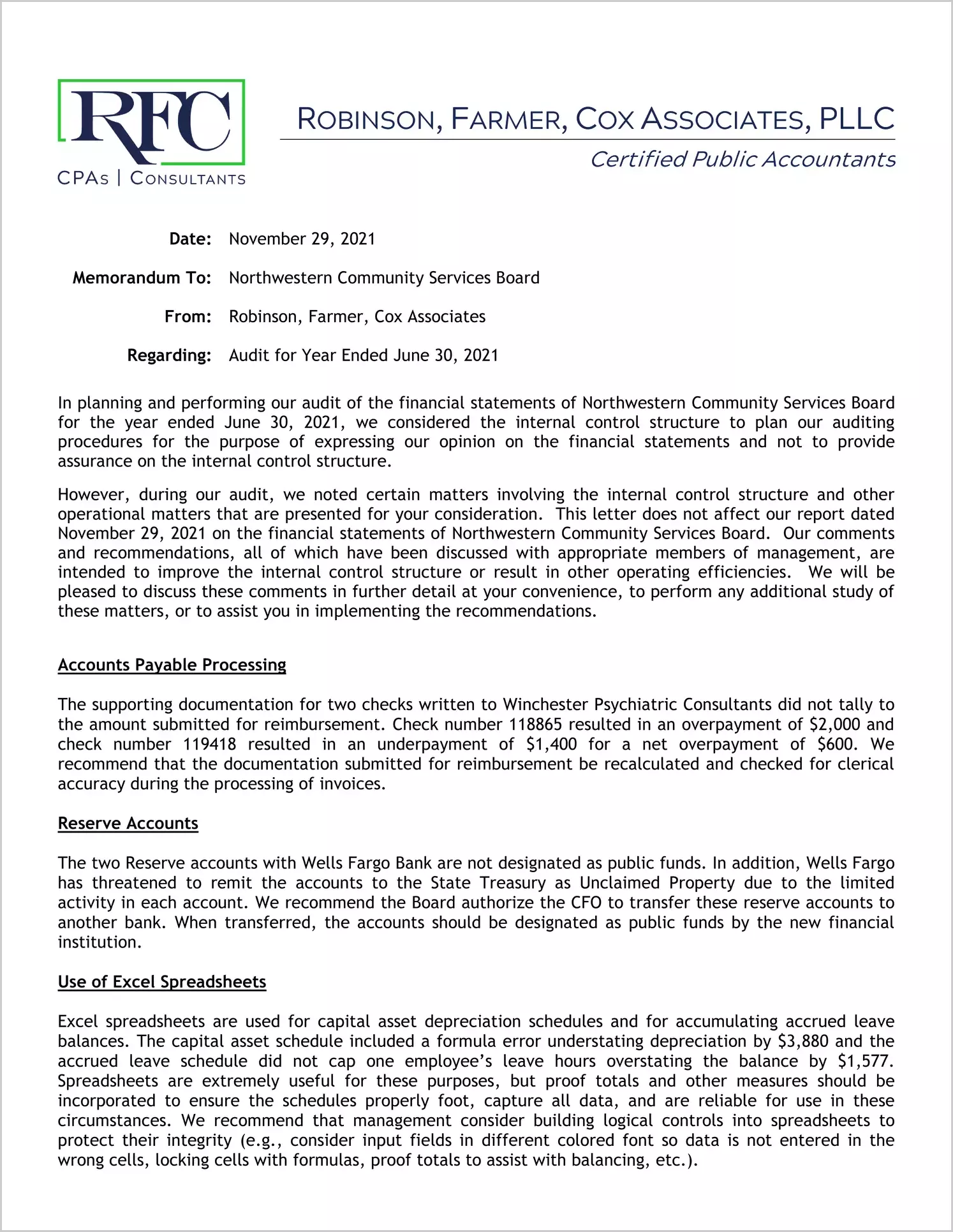 preview of 2021 ABC/Other Management Letter for Northwestern Community Services Board
