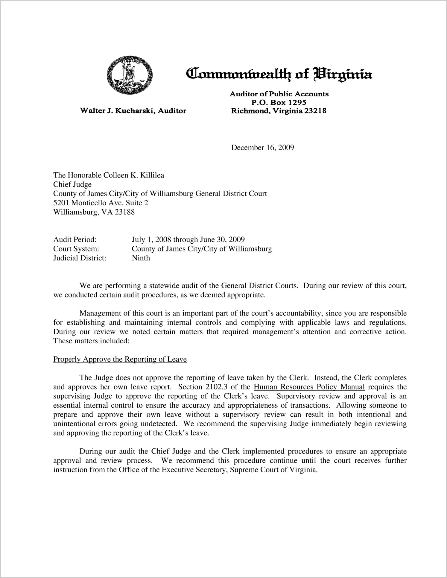 Clerk of the General District Court for the County of JamesCity/City of Williamsburg Report on Audit for the period July 1, 2008 through June 30, 2009