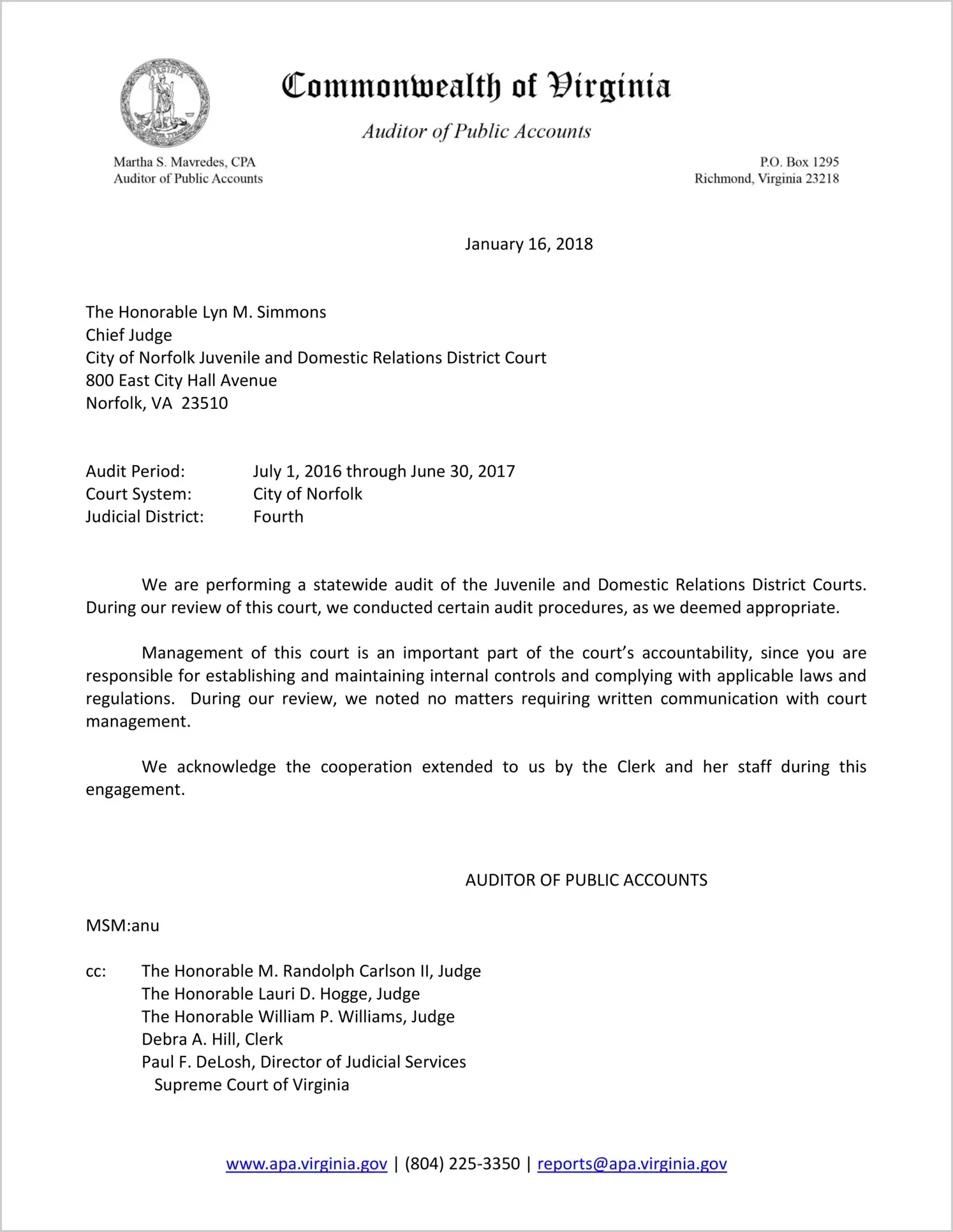 Juvenile and Domestic Relations District Court for the City of Norfolk for the period July 1, 2016 through June 30, 2017