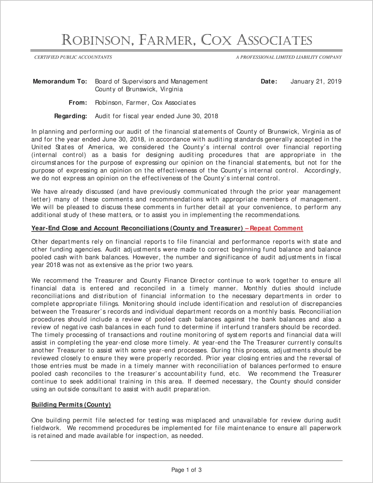 2018 Management Letter for County of Brunswick
