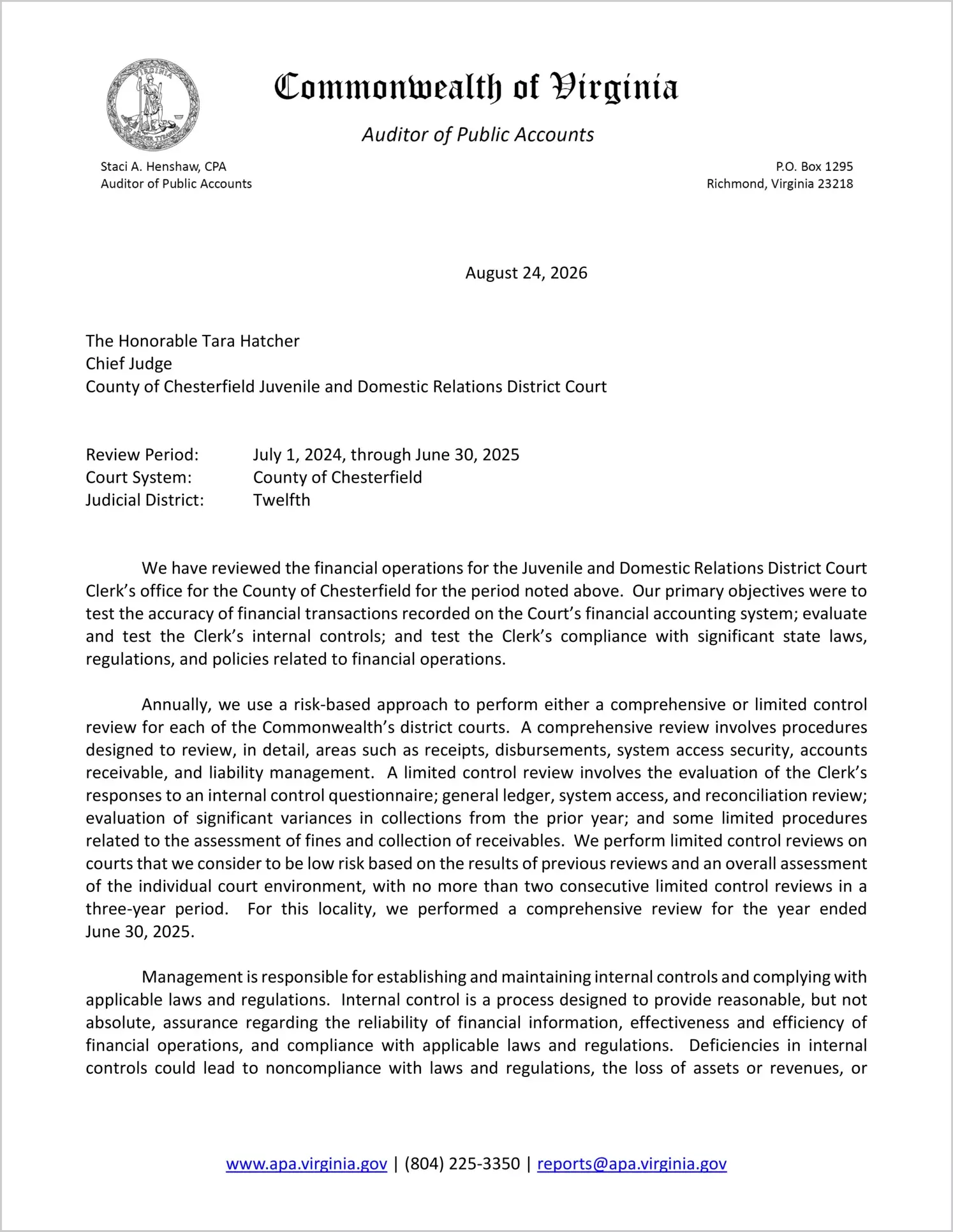 preview of Juvenile and Domestic Relations District Court for the County of Chesterfield for the period July 1, 2024 through June 30, 2025