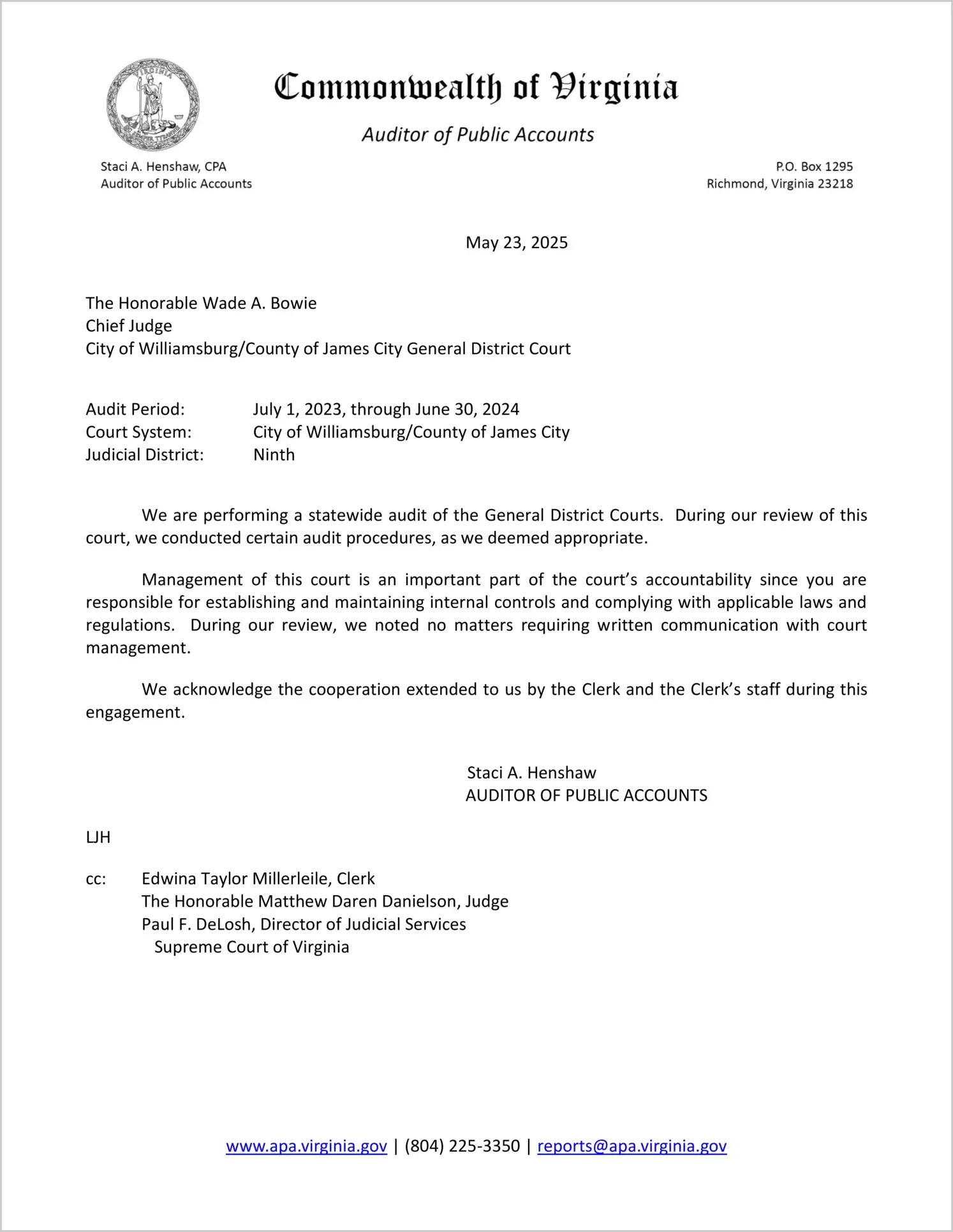 General District Court for the City of Williamsburg and County of James City for the period July 1, 2023 through June 30, 2024