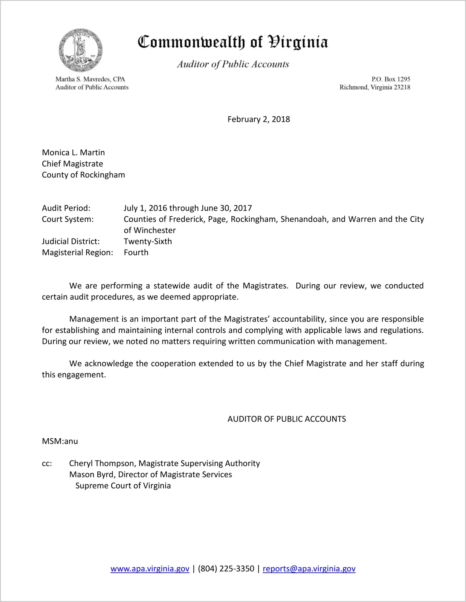Magistrate Judicial District 26 for the County of Rockingham for the period July 1, 2016 through June 30, 2017