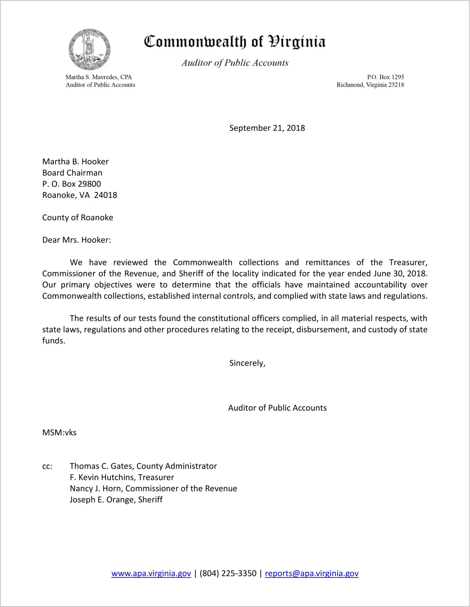 Commonwealth collections and remittances of the Treasurer, Commissioner of the Revenue, and Sheriff of the County of Roanoke for the year ended June 30, 2018