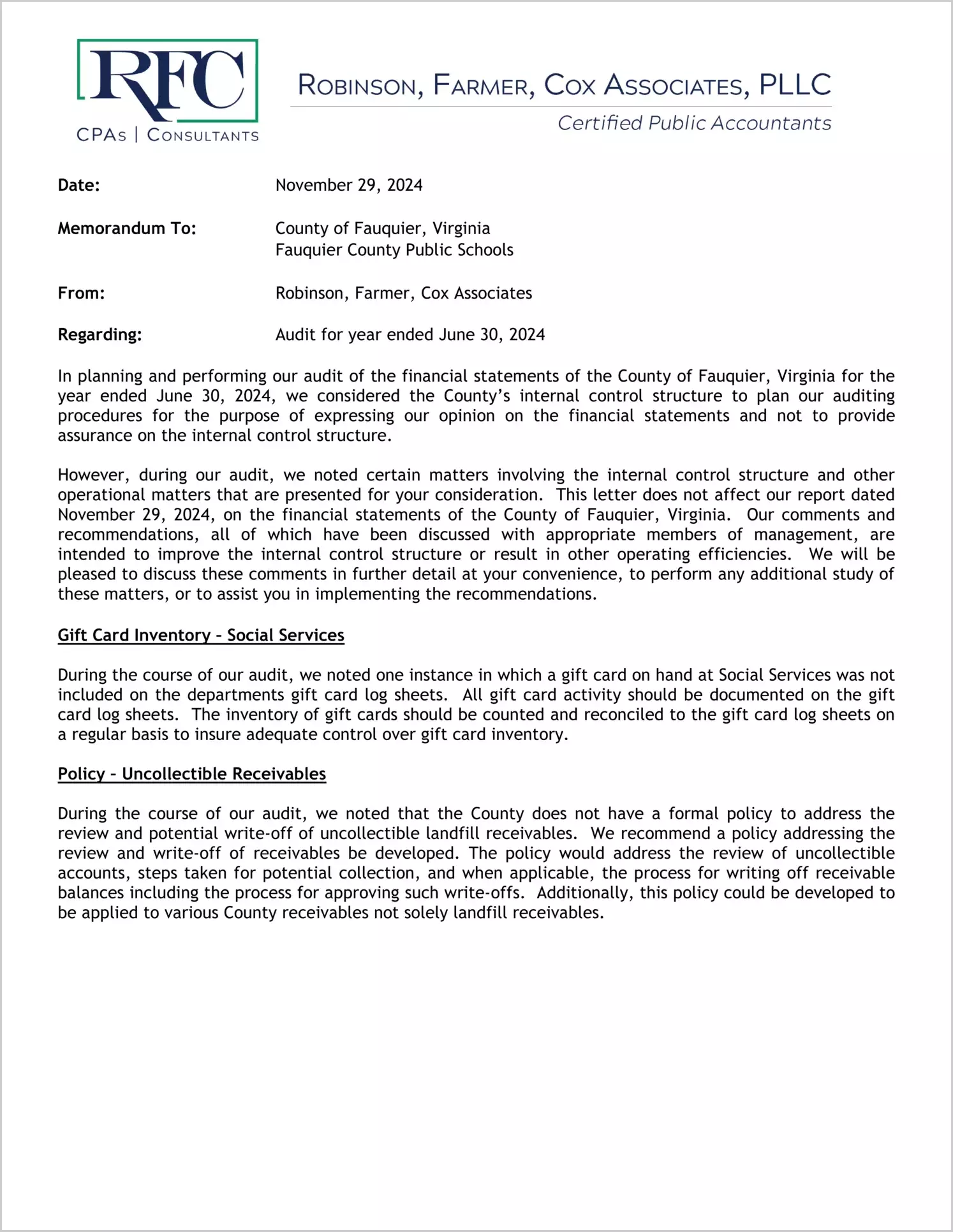 preview of 2024 Management Letter for County of Fauquier