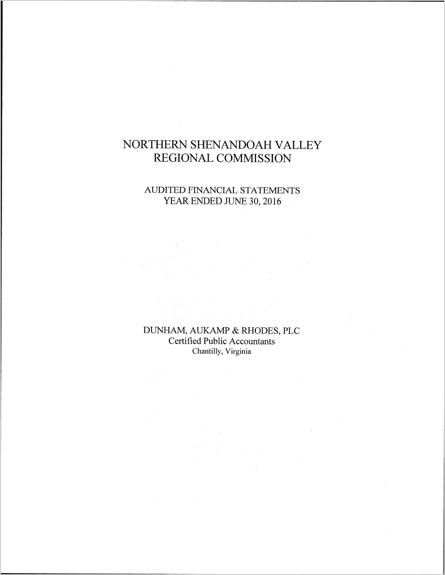 2016 ABC/Other Annual Financial Report  for Northern Shenandoah Valley Regional Commission
