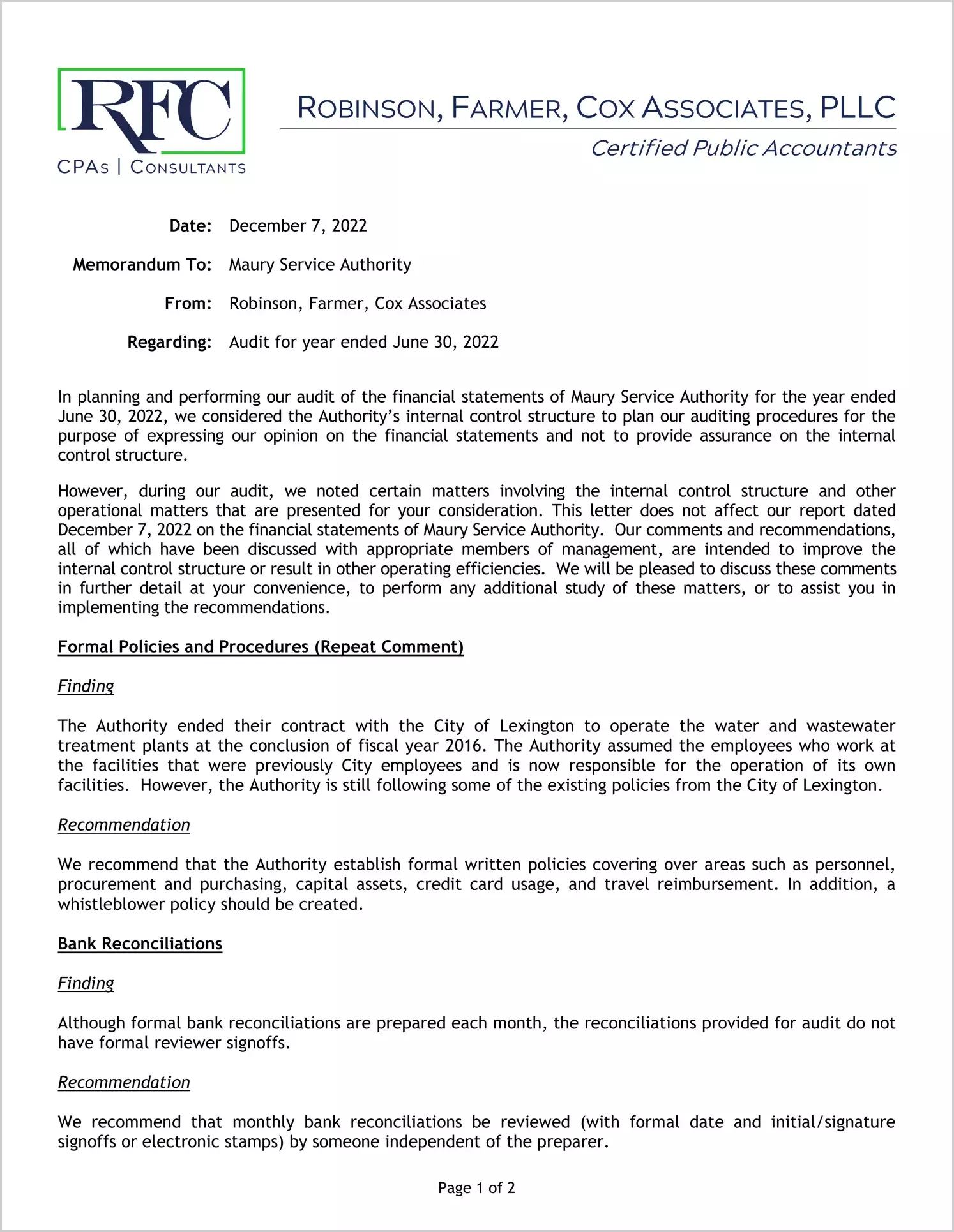 preview of 2022 ABC/Other Management Letter for Maury Service Authority