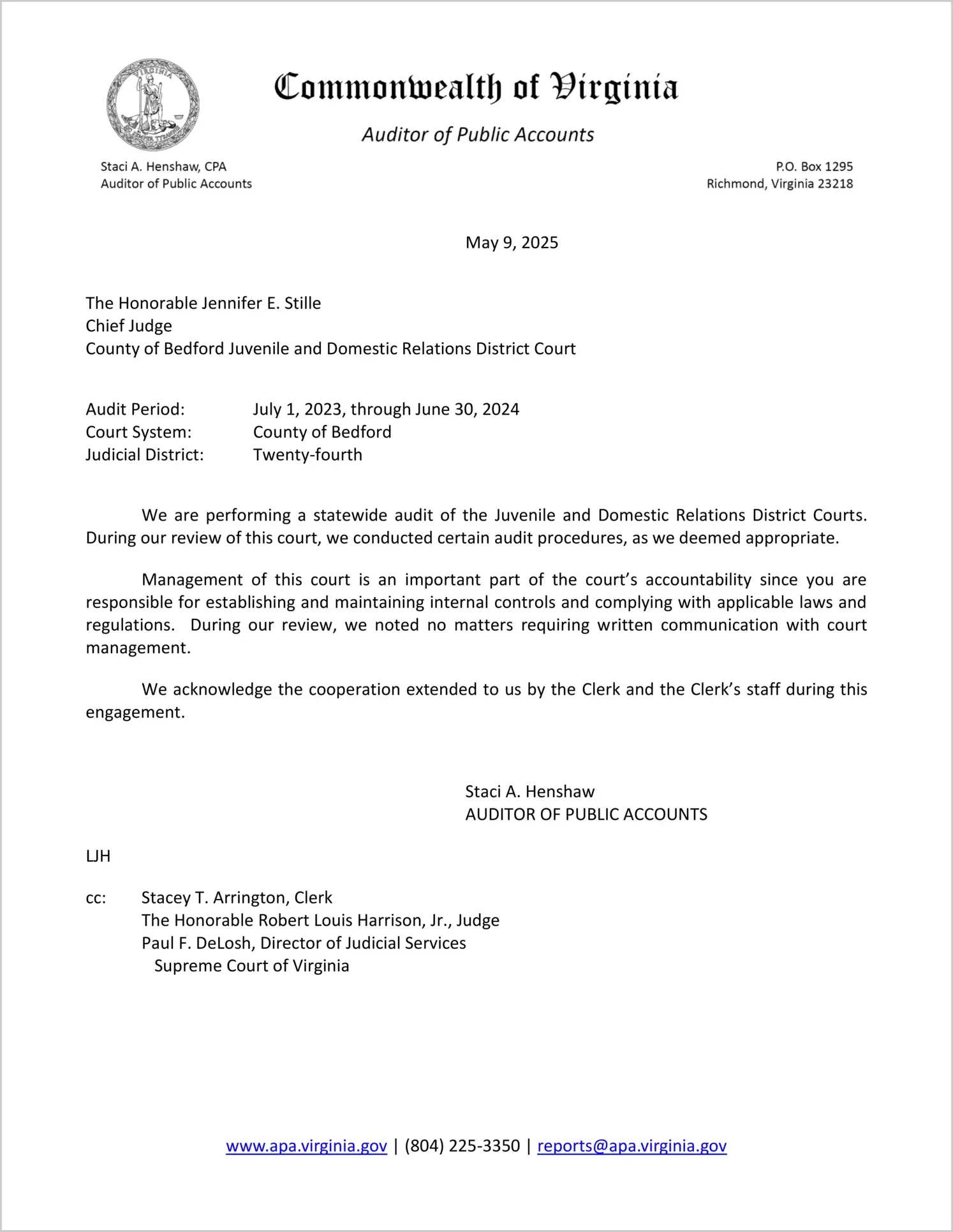 Juvenile and Domestic Relations District Court for the County of Bedford for the period July 1, 2023 through June 30, 2024