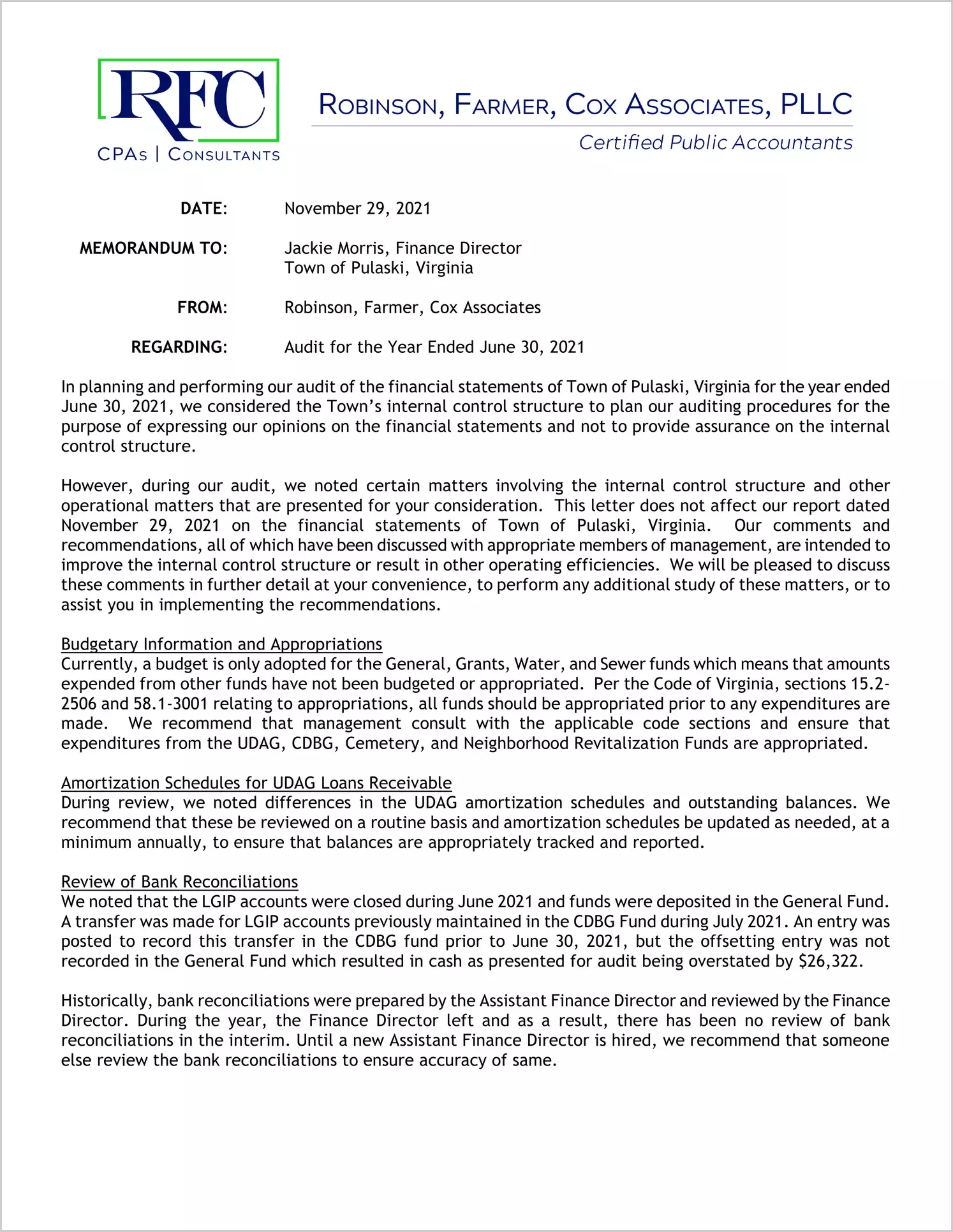 preview of 2021 Management Letter for Town of Pulaski