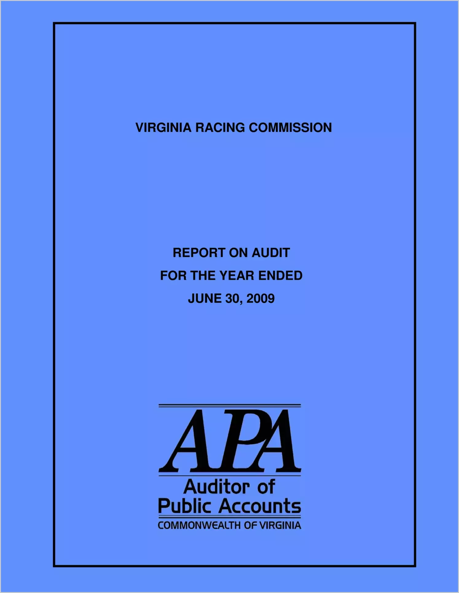 Virginia Racing Commission for the year ended June 30, 2009