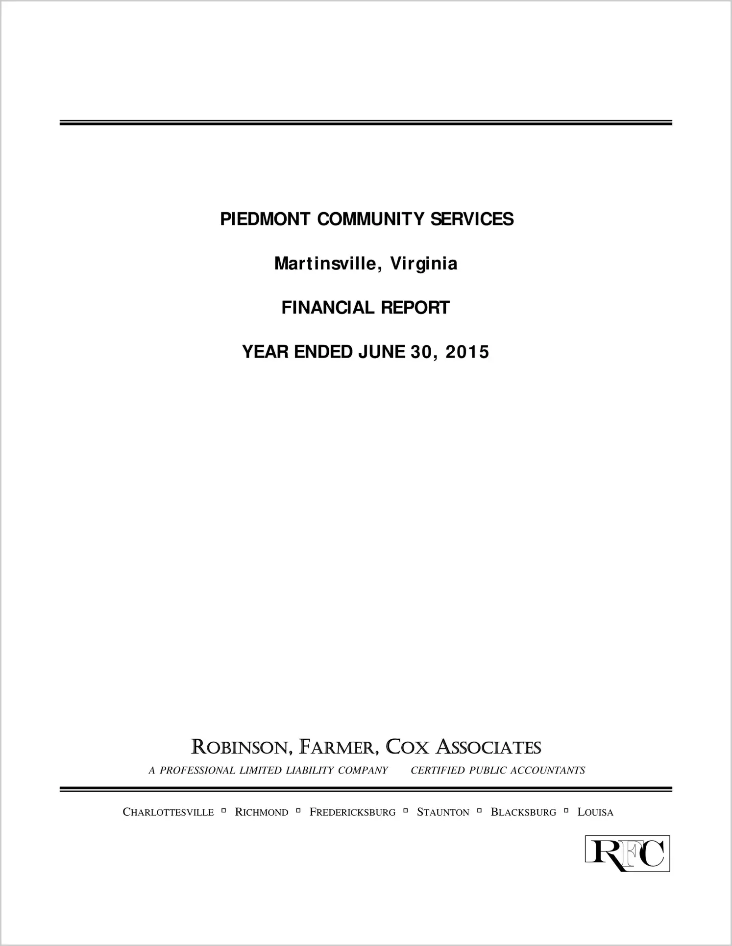 2015 ABC/Other Annual Financial Report  for Piedmont Community Services Board