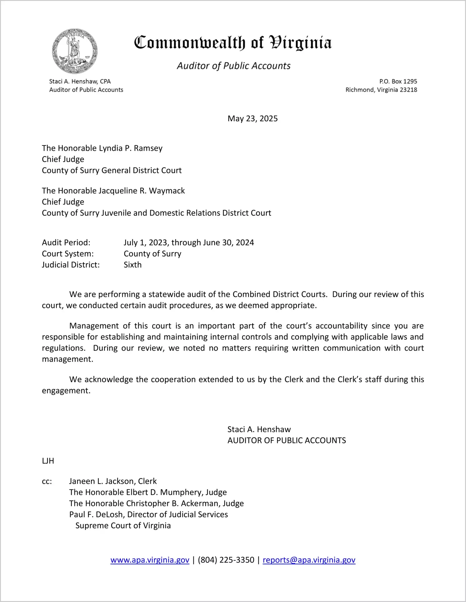 Combined District Court for the County of Surry for the period July 1, 2023 through June 30, 2024