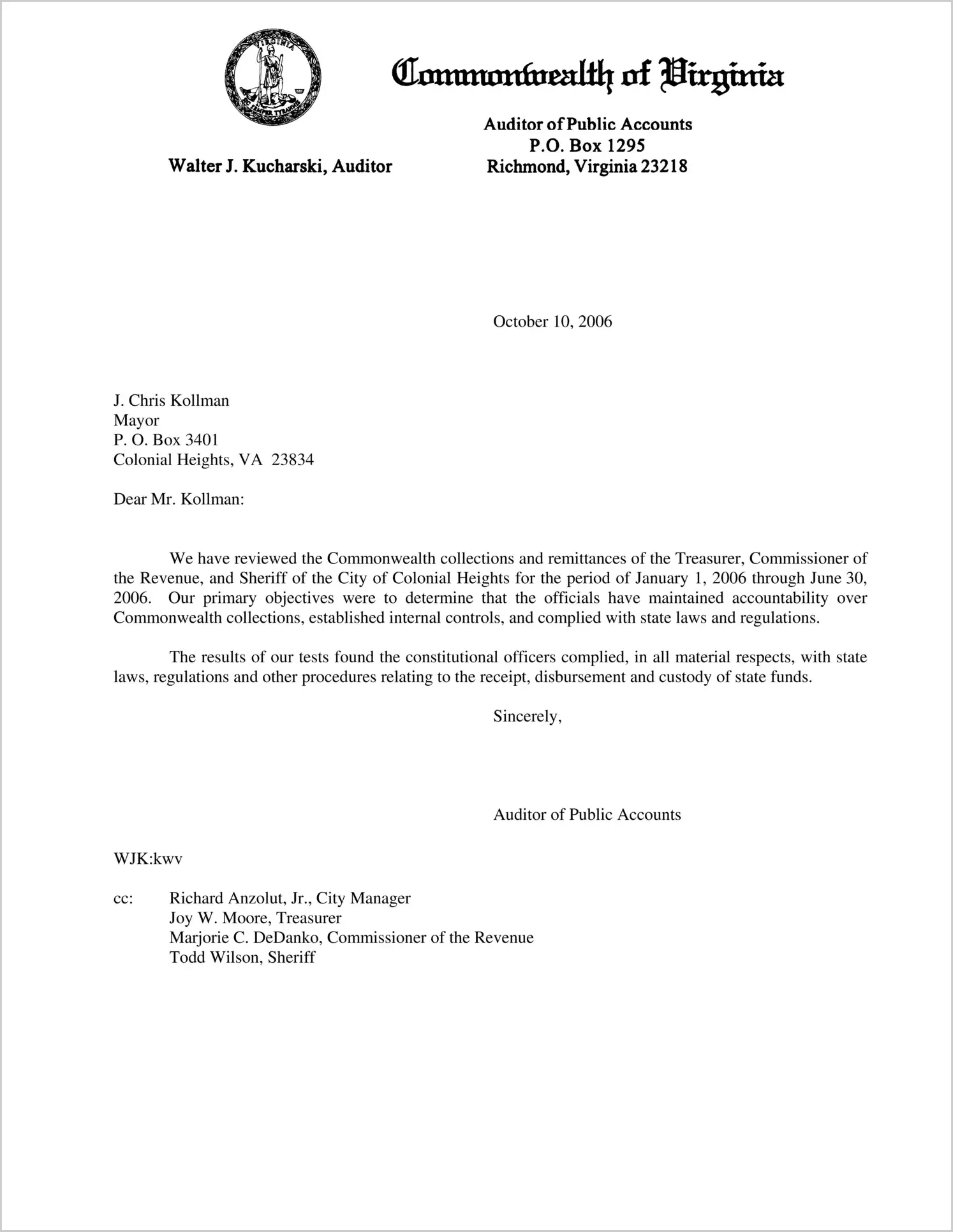 Commonwealth collections and remittances of the Treasurer, Commissioner of the Revenue, and Sheriff of the City of Colonial Heights for the year ended June 30, 2006