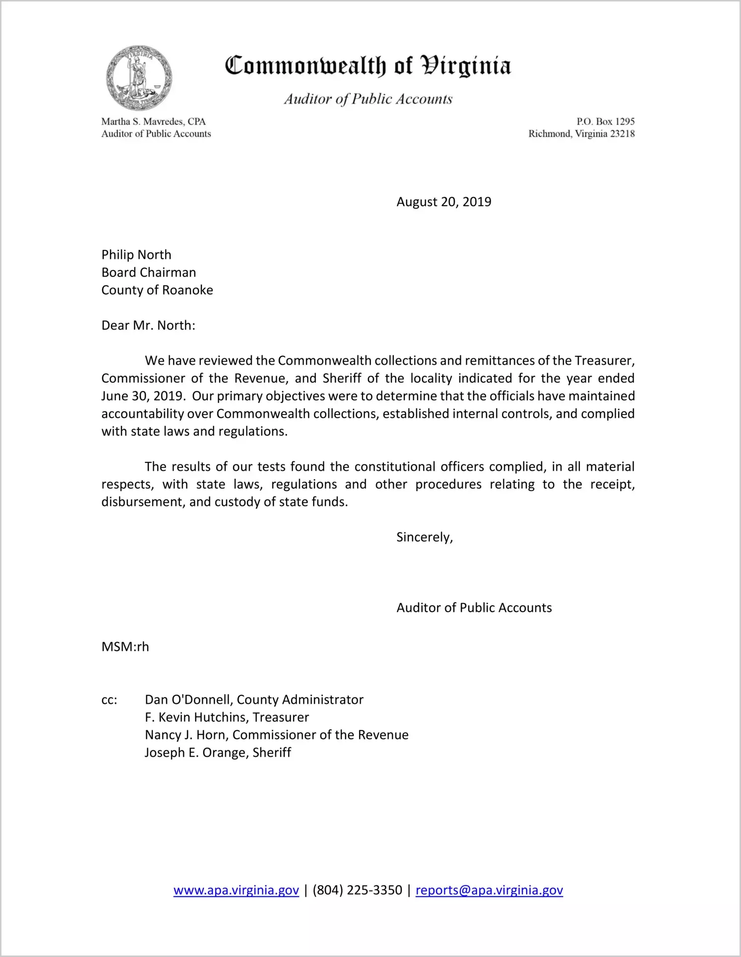 Commonwealth Collections and Remittances of the Treasurer, Commissioner of Revenue, and Sheriff for the County of Roanoke for the year ended June 30, 2019