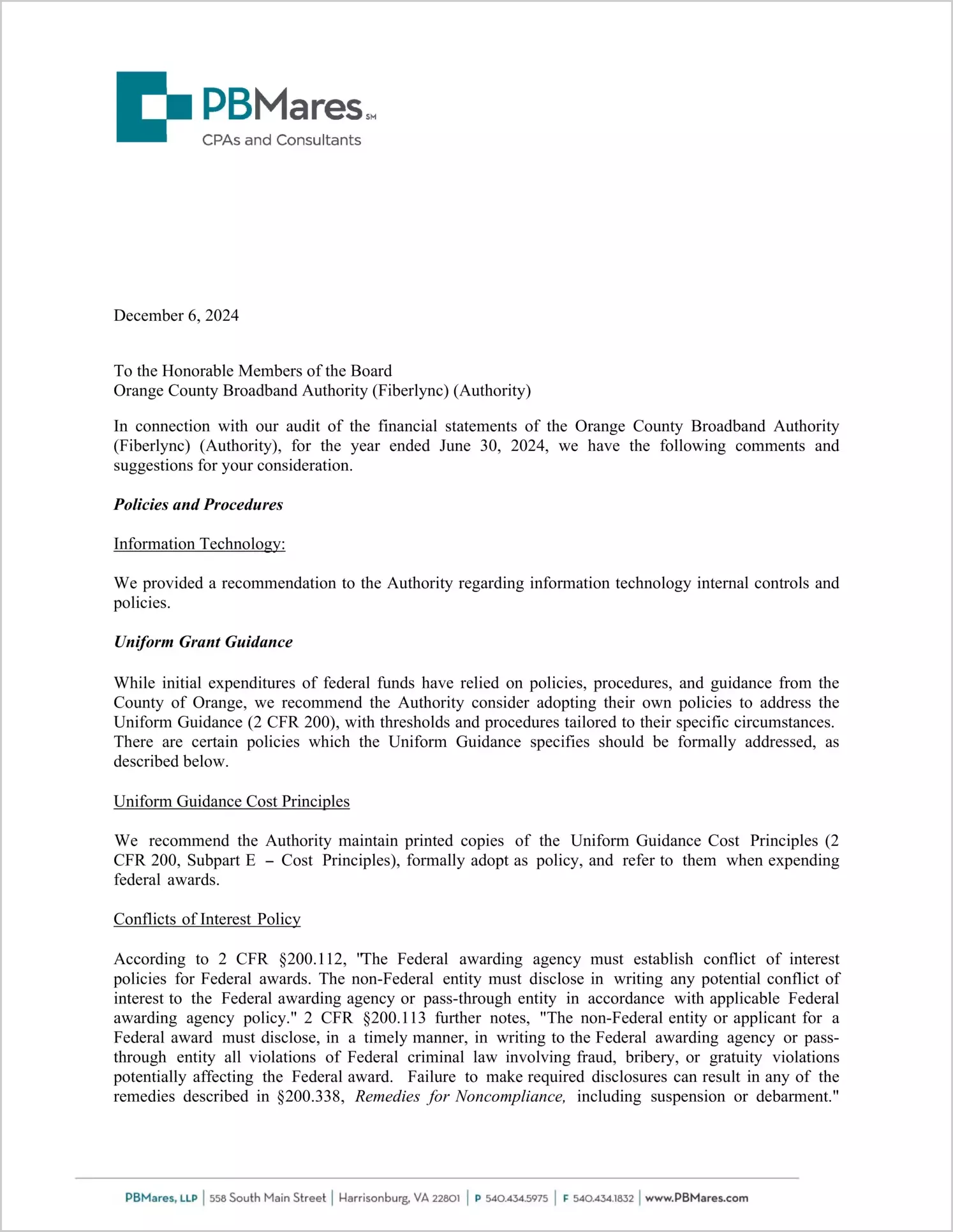 preview of 2024 ABC/Other Management Letter for Orange County Broadband Authority
