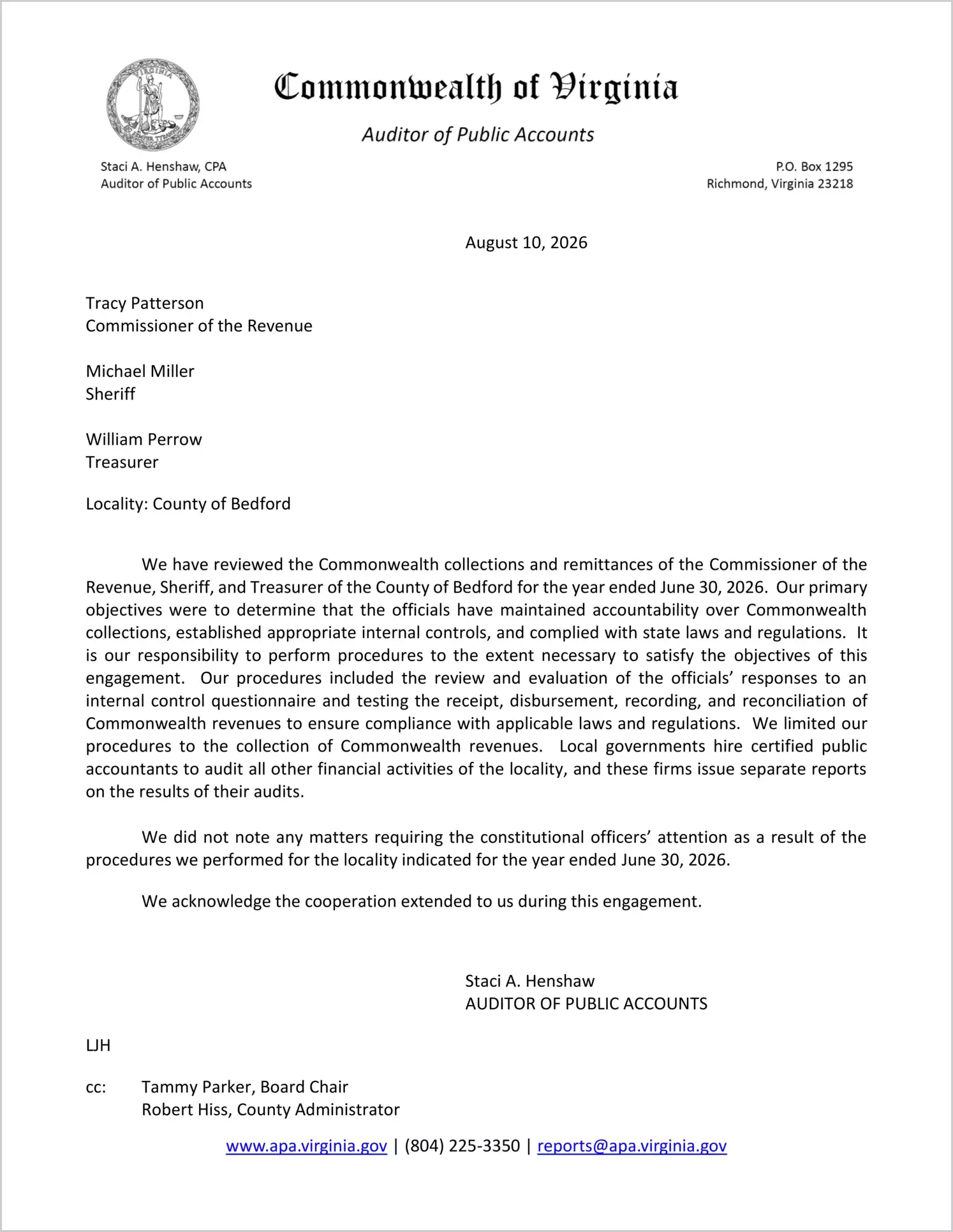 preview of Commonwealth Collections and Remittances of the Commissioner of the Revenue, Sheriff, and Treasurer for the County of Bedford for the year ended June 30, 2026