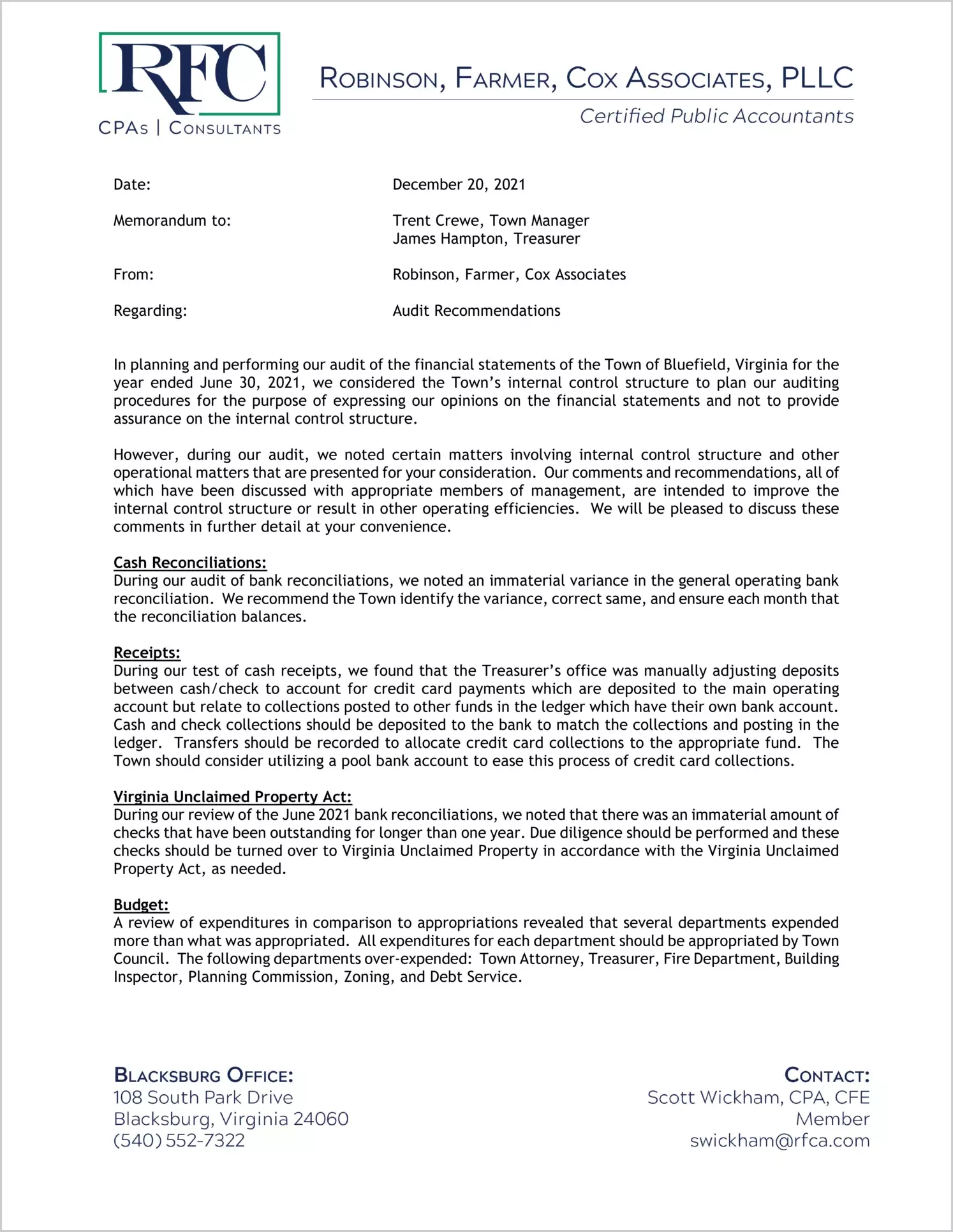 preview of 2021 Management Letter for Town of Bluefield