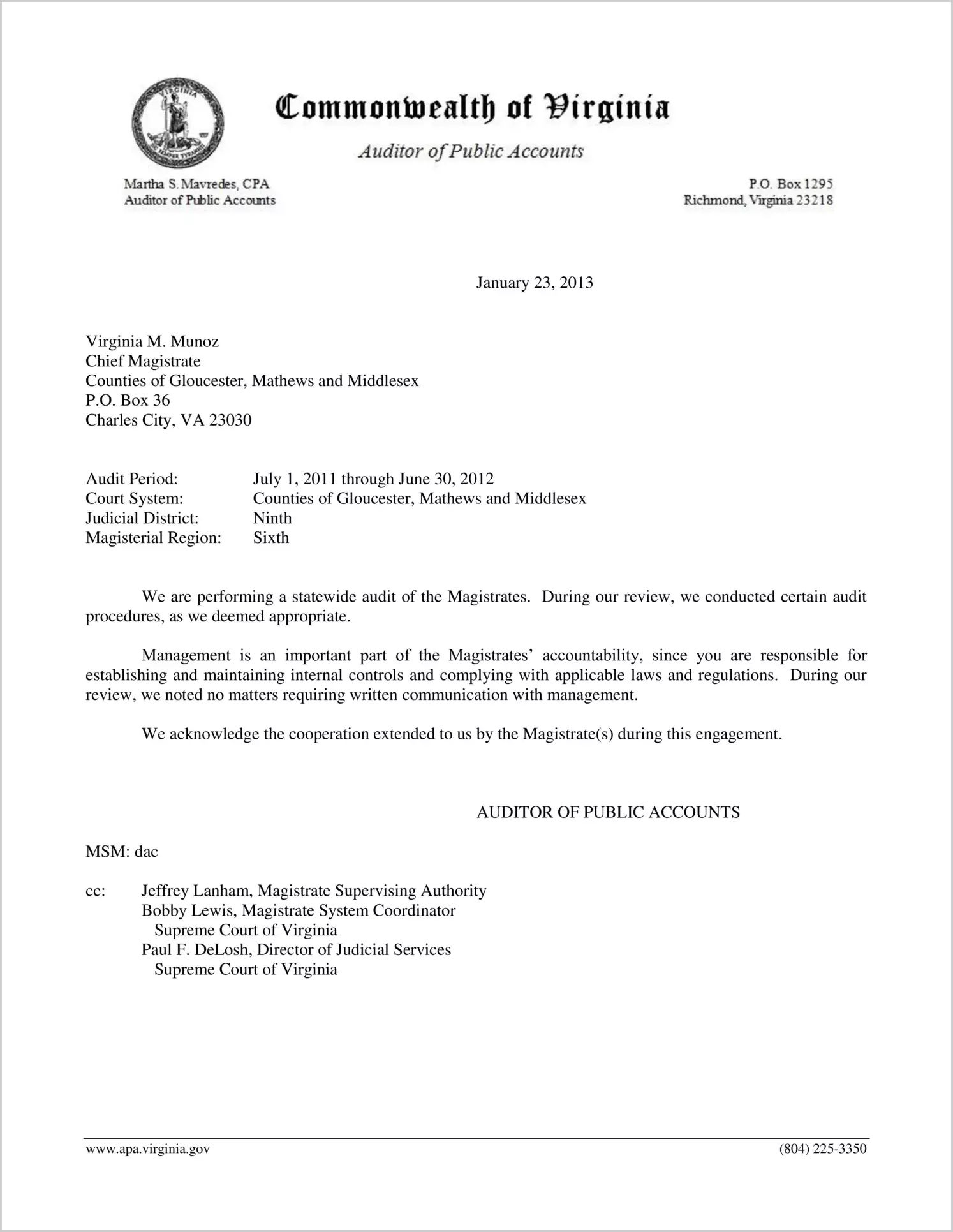 Magistrate for the County of Gloucester Report on Audit for the period July 1, 2011 through June 30, 2012