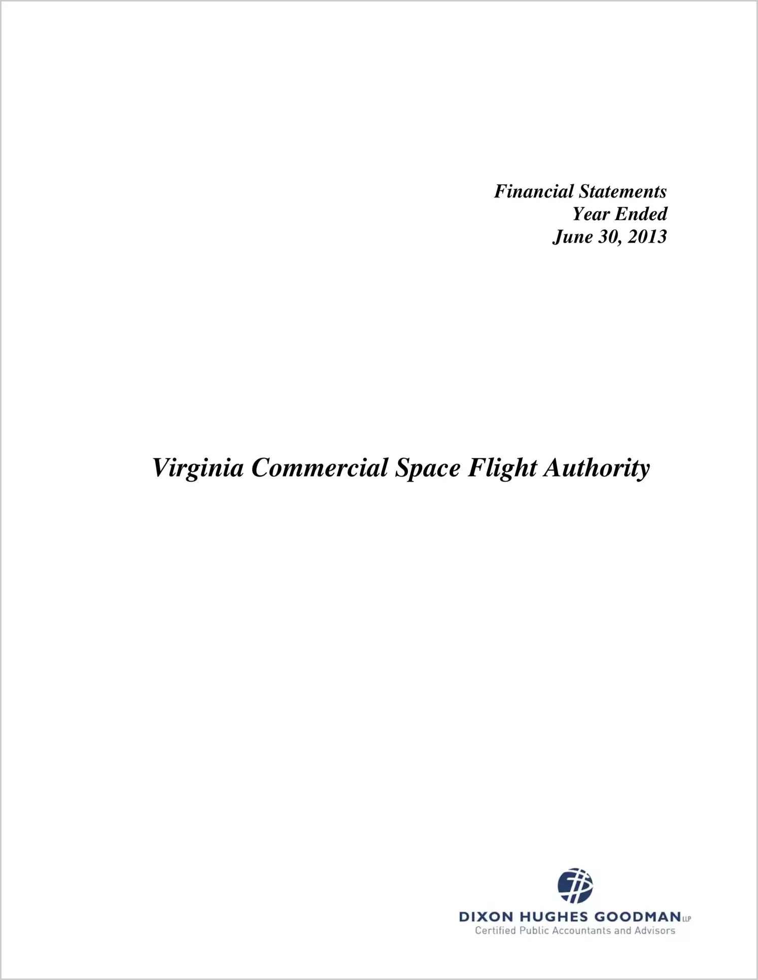 Virginia Commercial Space Flight Authority Financial Statements for the year ended June 30, 2013