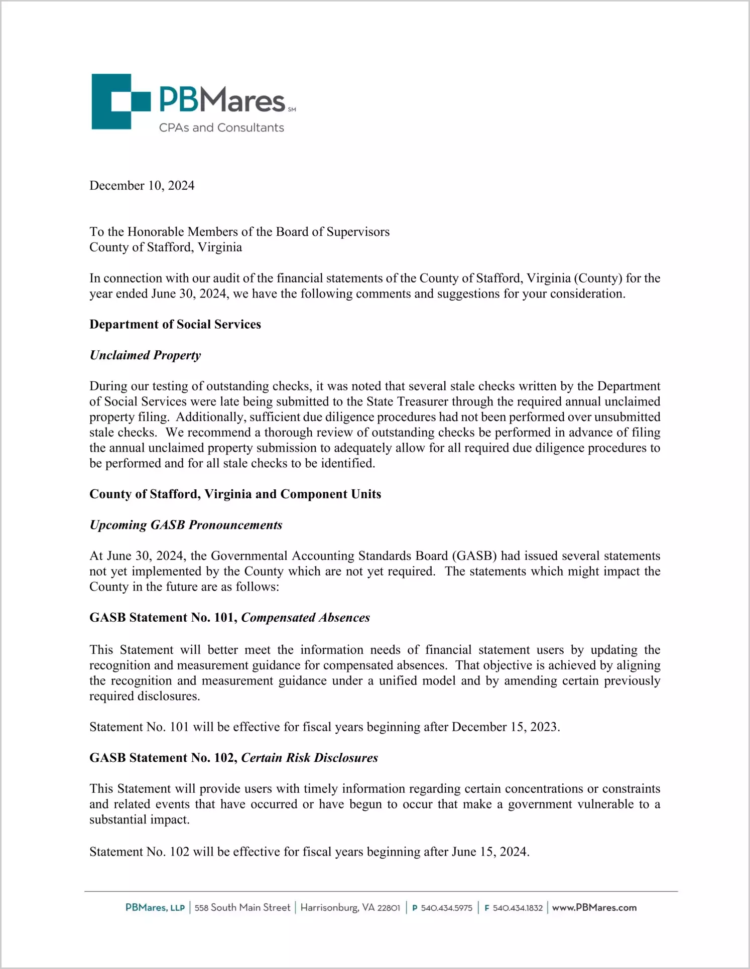 preview of 2024 Management Letter for County of Stafford