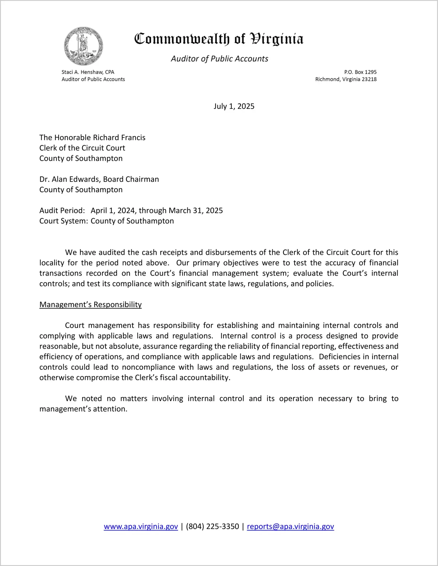 Clerk of the Circuit Court for the County of Southampton for the period April 1, 2024 through March 31, 2025