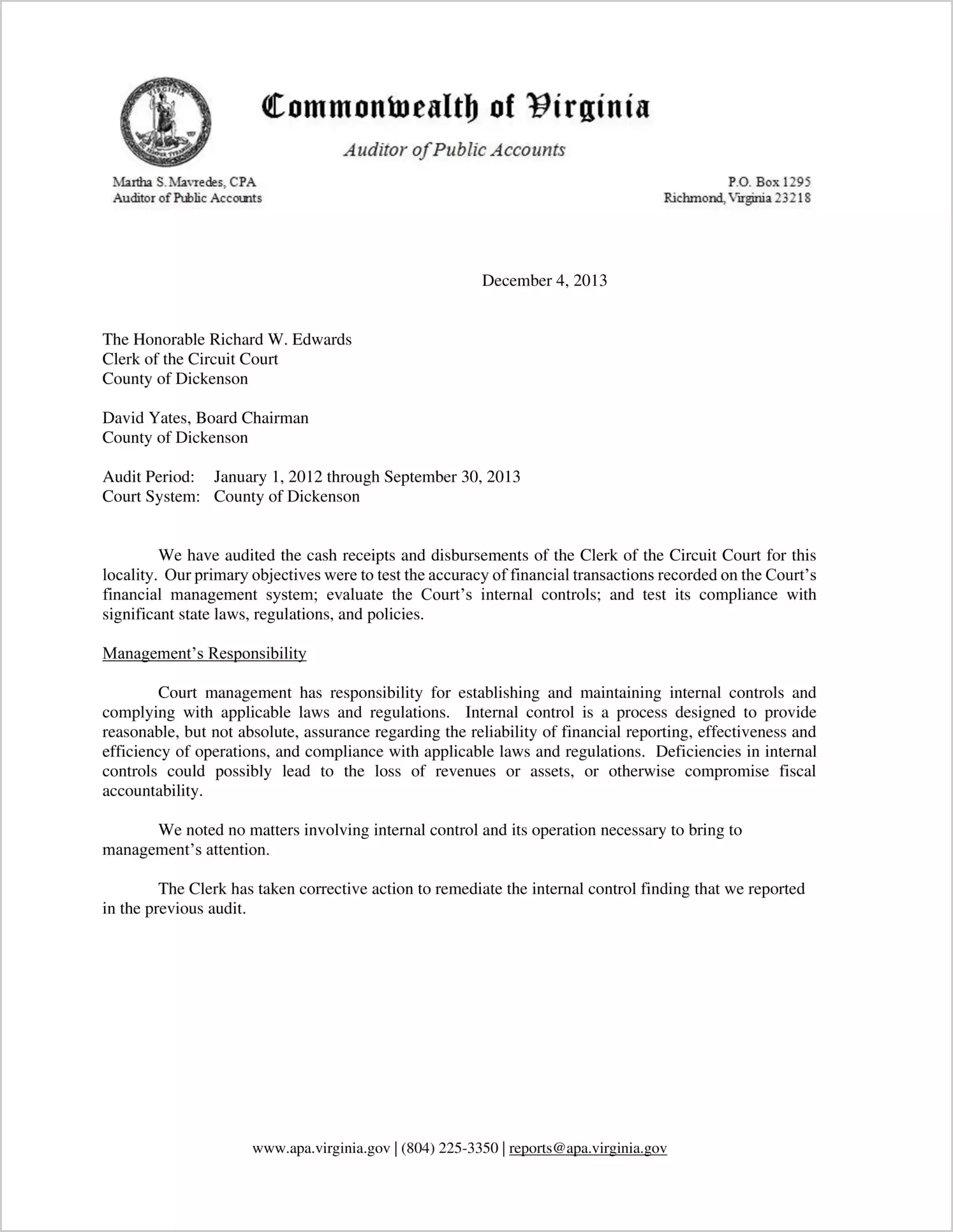 Clerk of the Circuit Court for the County of Dickenson Report on Audit for the period January 1, 2012 through September 30, 2013