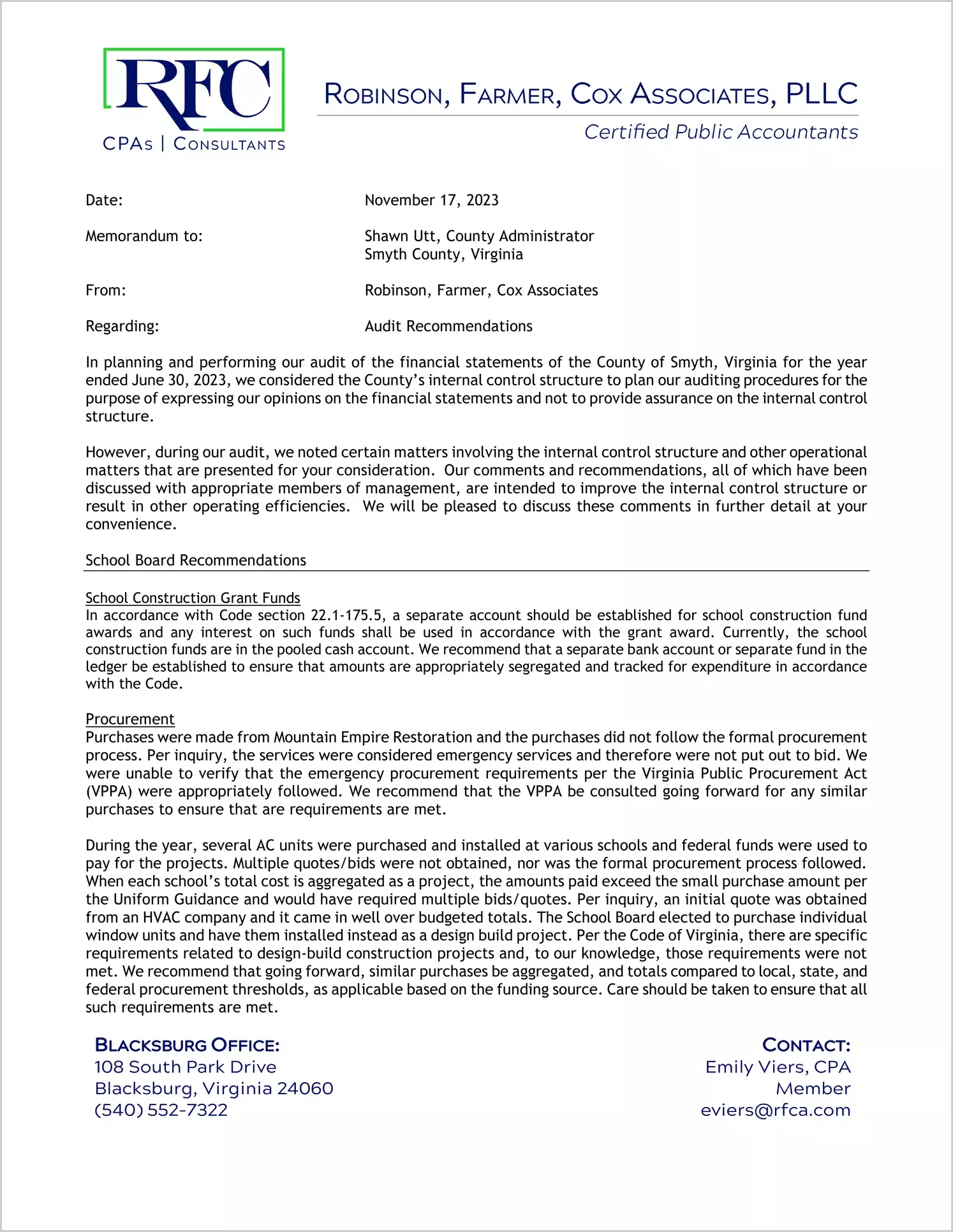 preview of 2023 Management Letter for County of Smyth