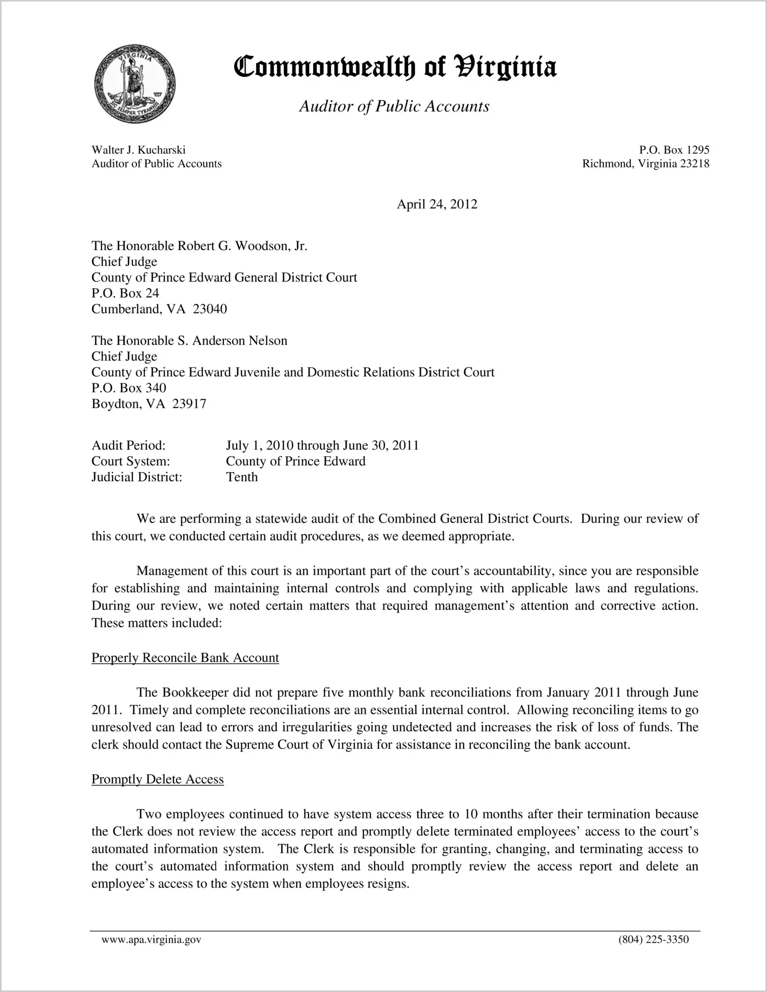 Clerk of the Combined General District Court for the County of Prince Edward Report on Audit for the period July 1, 2010 through June 30, 2011