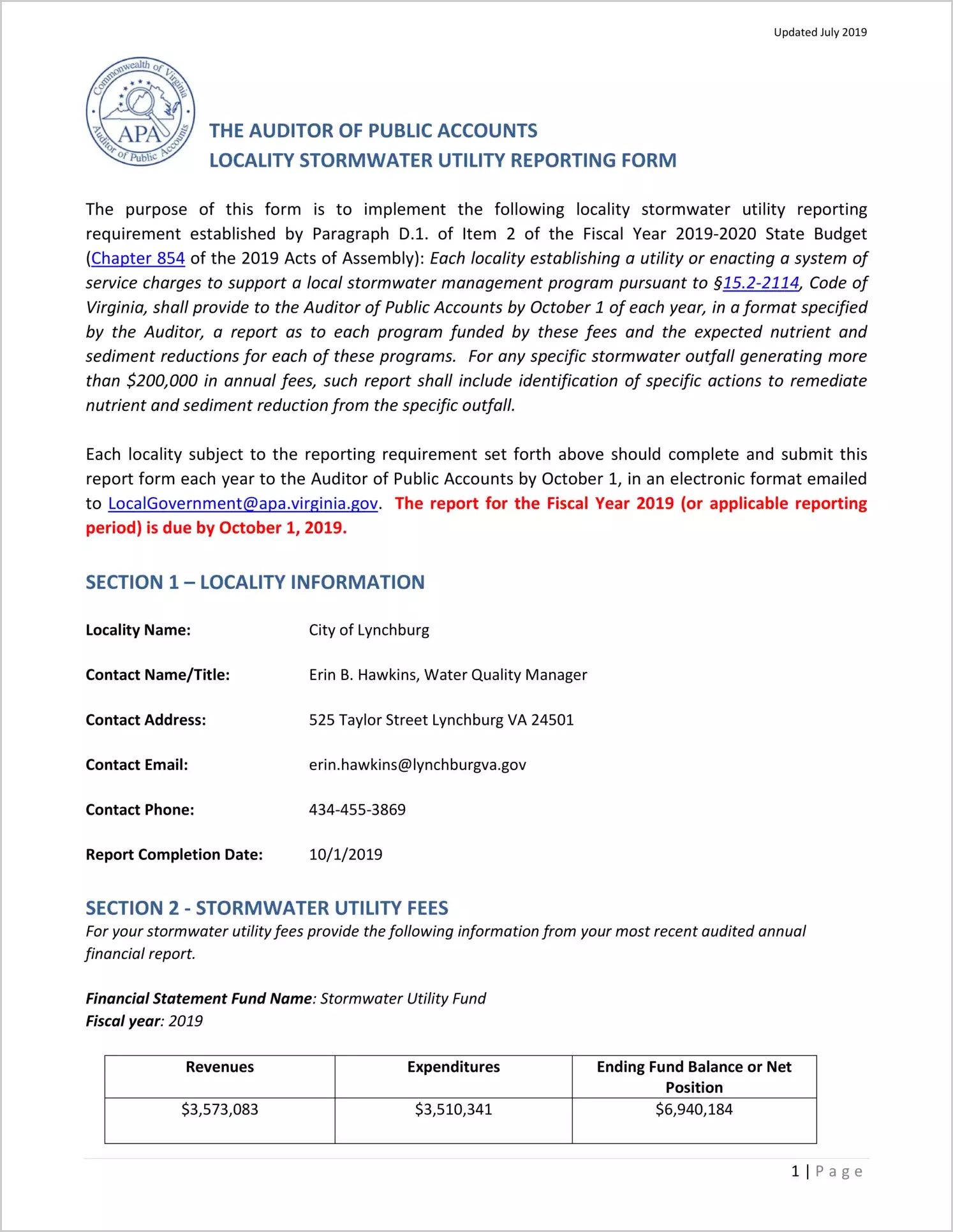 2019 Stormwater Utility Report for City of Lynchburg