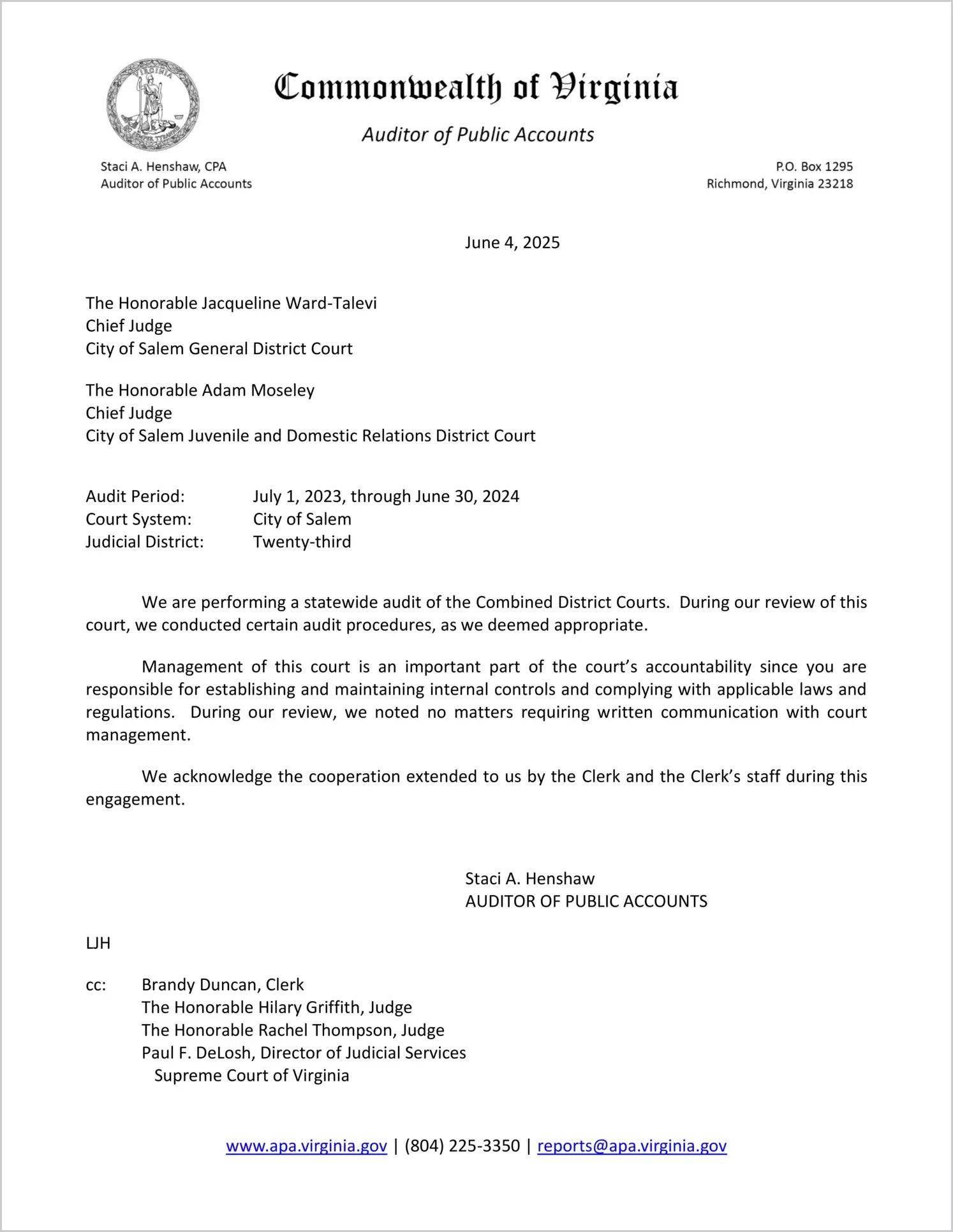 Combined District Court for the City of Salem for the period July 1, 2023 through June 30, 2024