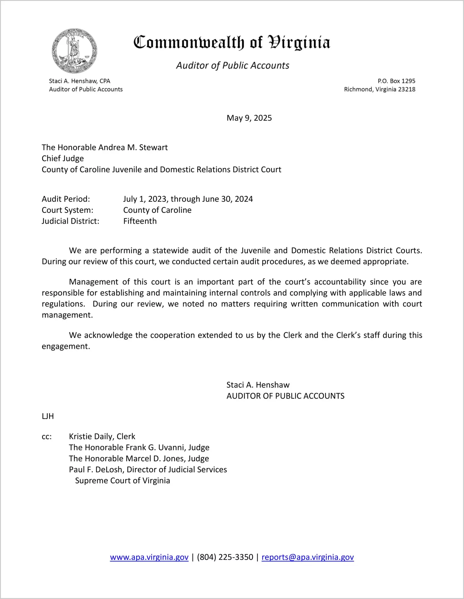 Juvenile and Domestic Relations District Court for the County of Caroline for the period July 1, 2023 through June 30, 2024