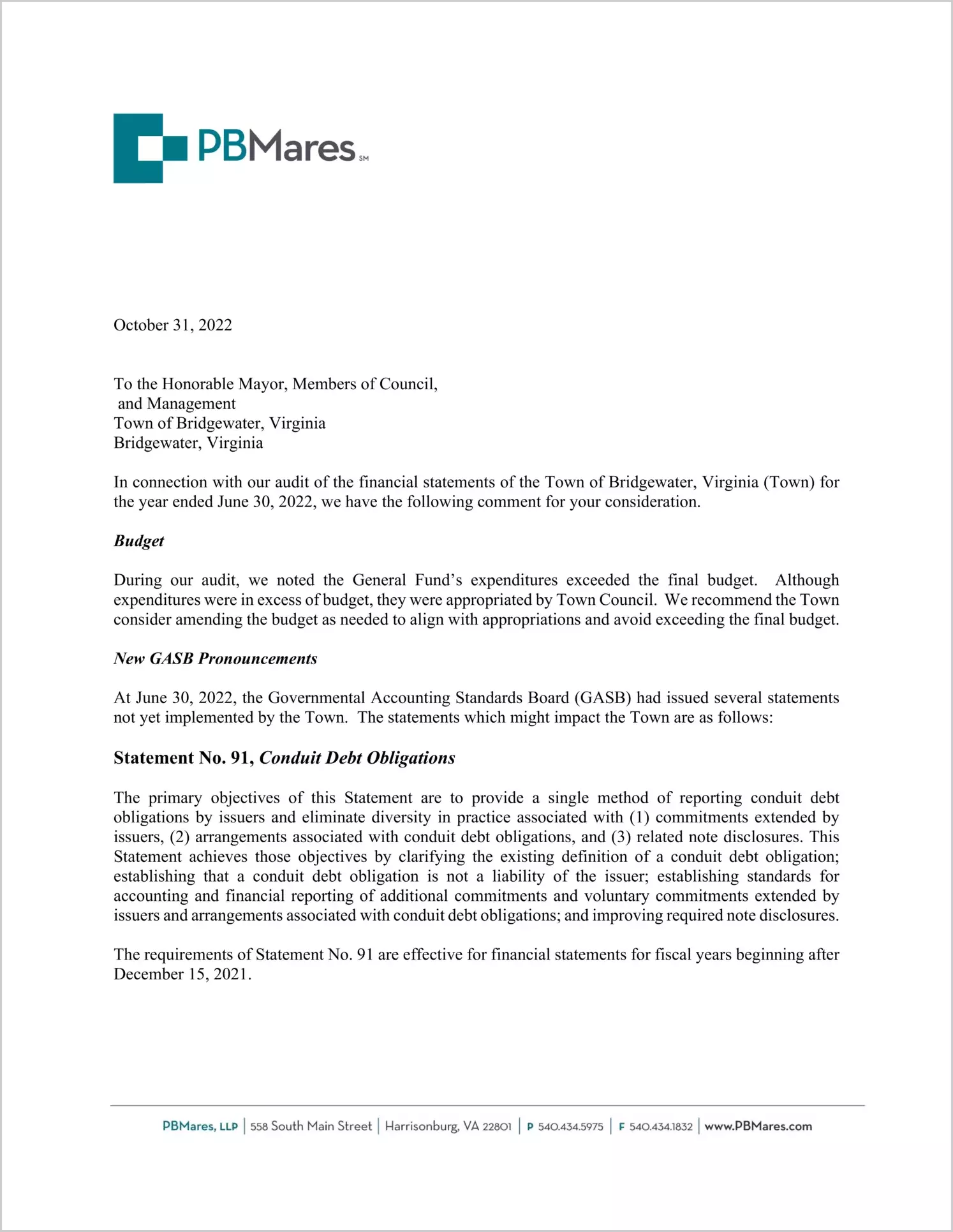 preview of 2022 Management Letter for Town of Bridgewater