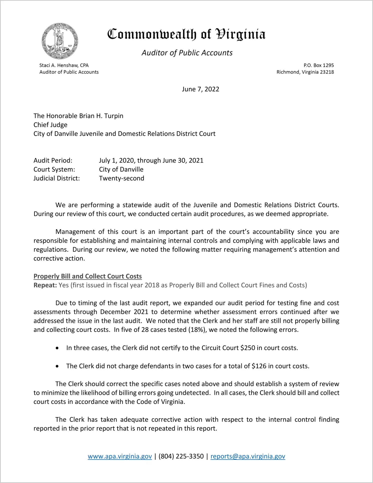 Juvenile and Domestic Relations District Court for the City of Danville for the period July 1, 2020 through June 30, 2021