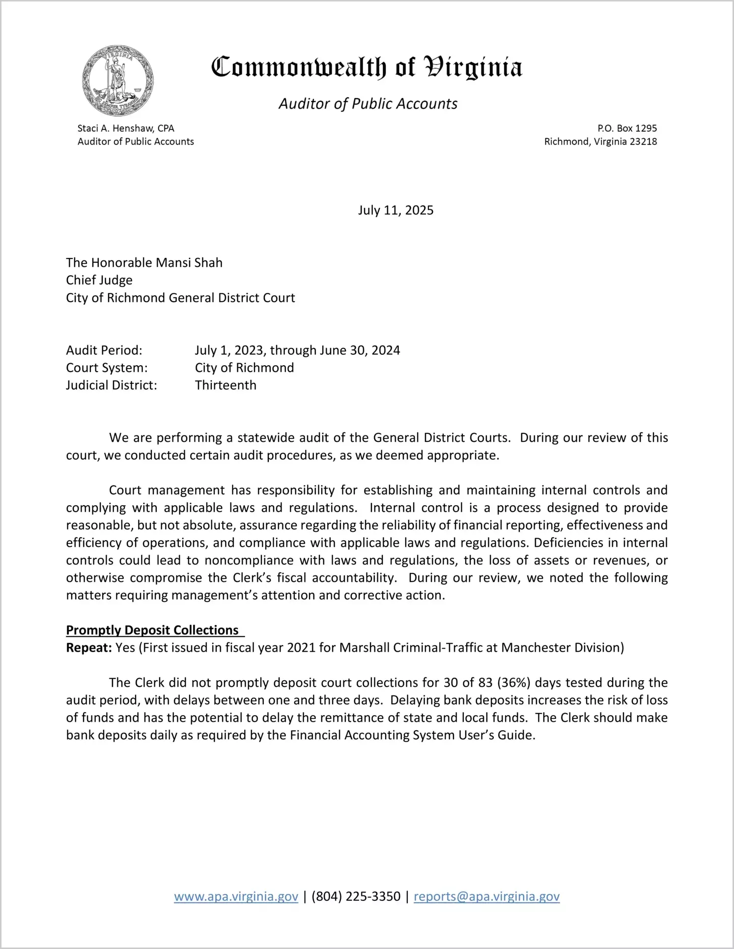 General District Court for the City of Richmond for the period July 1, 2023 through June 30, 2024