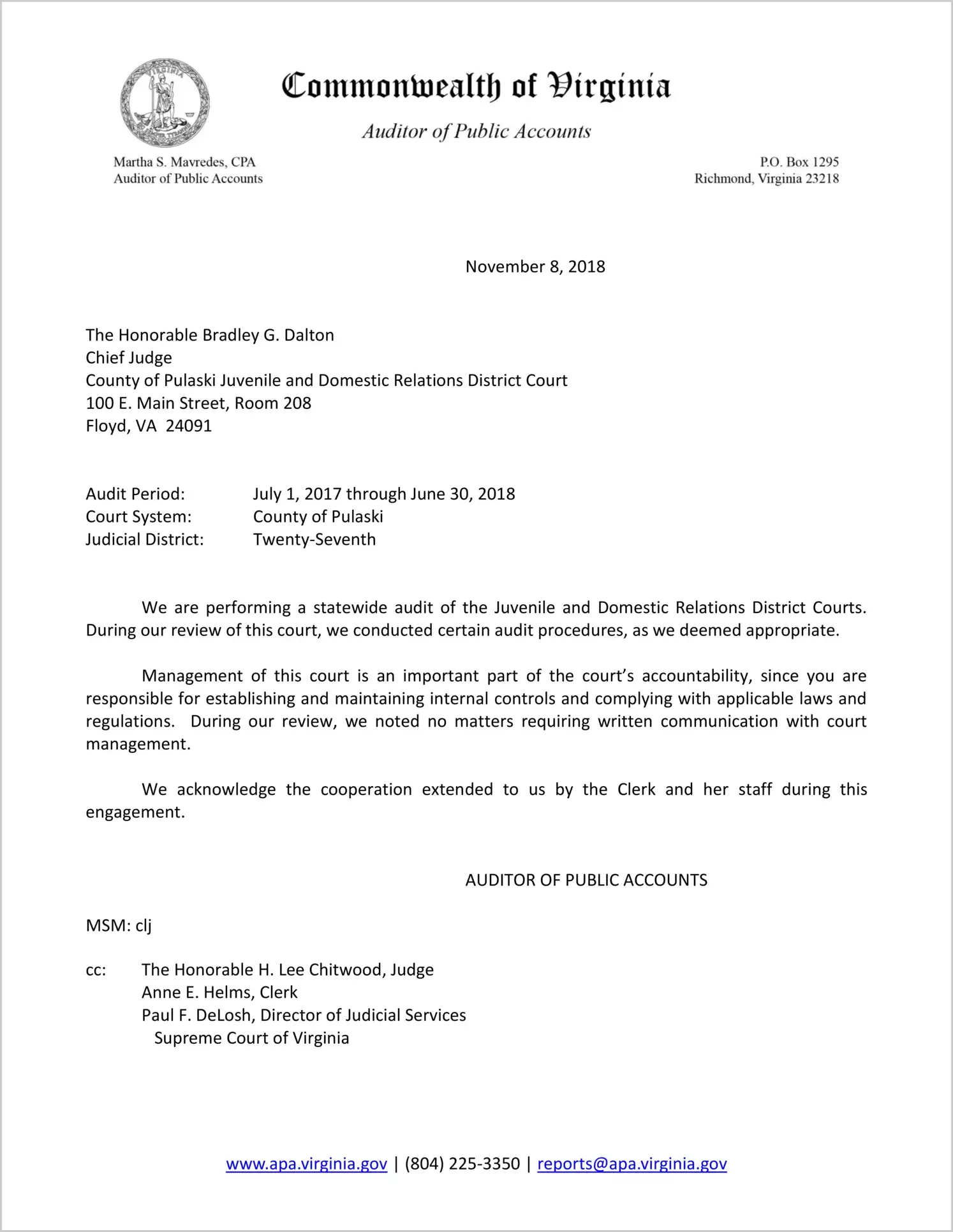 Juvenile and Domestic Relations Court for the County of Pulaski for the period July 1, 2017 through June 30, 2018