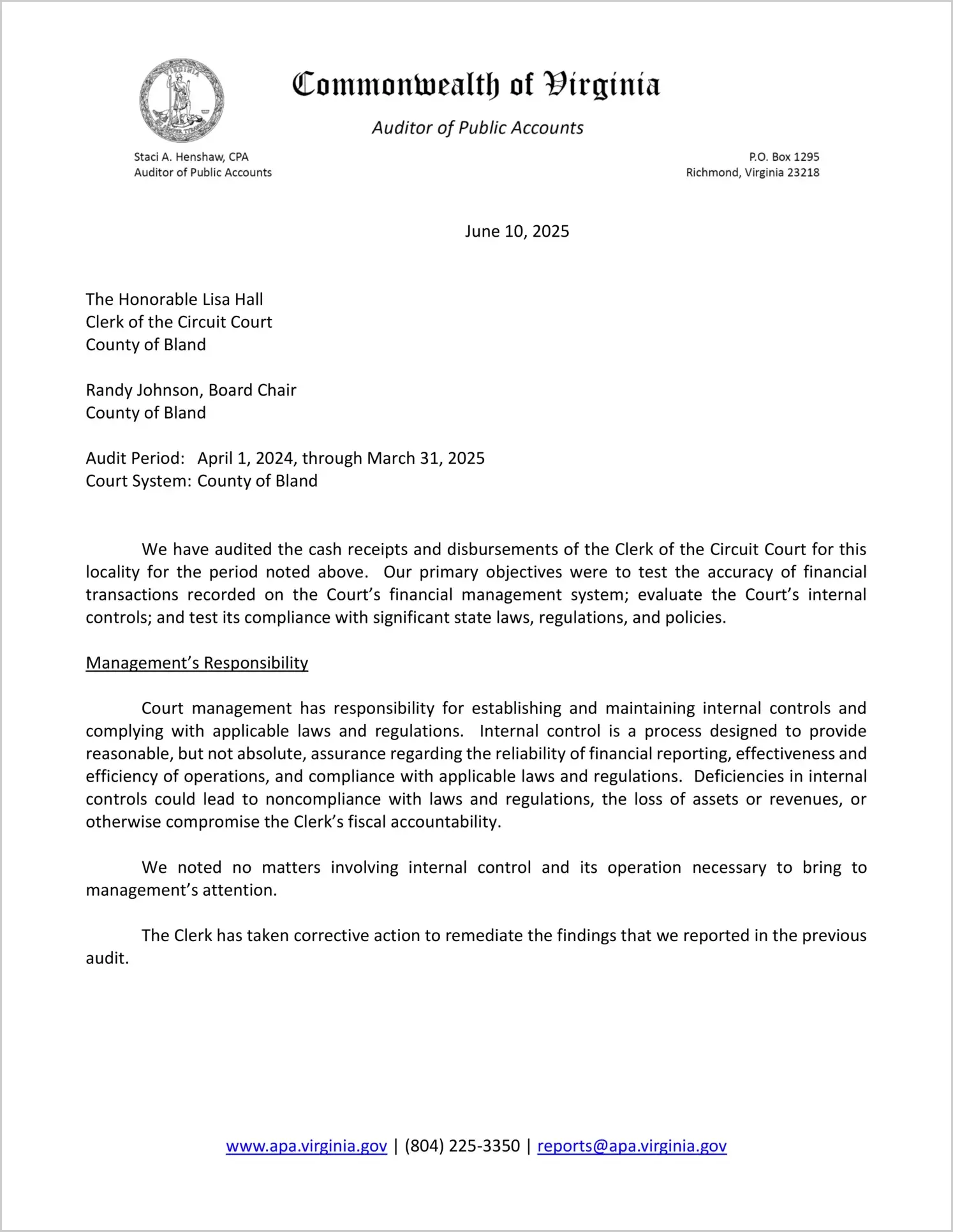 Clerk of the Circuit Court for the County of Bland for the period April 1, 2024 through March 31, 2025