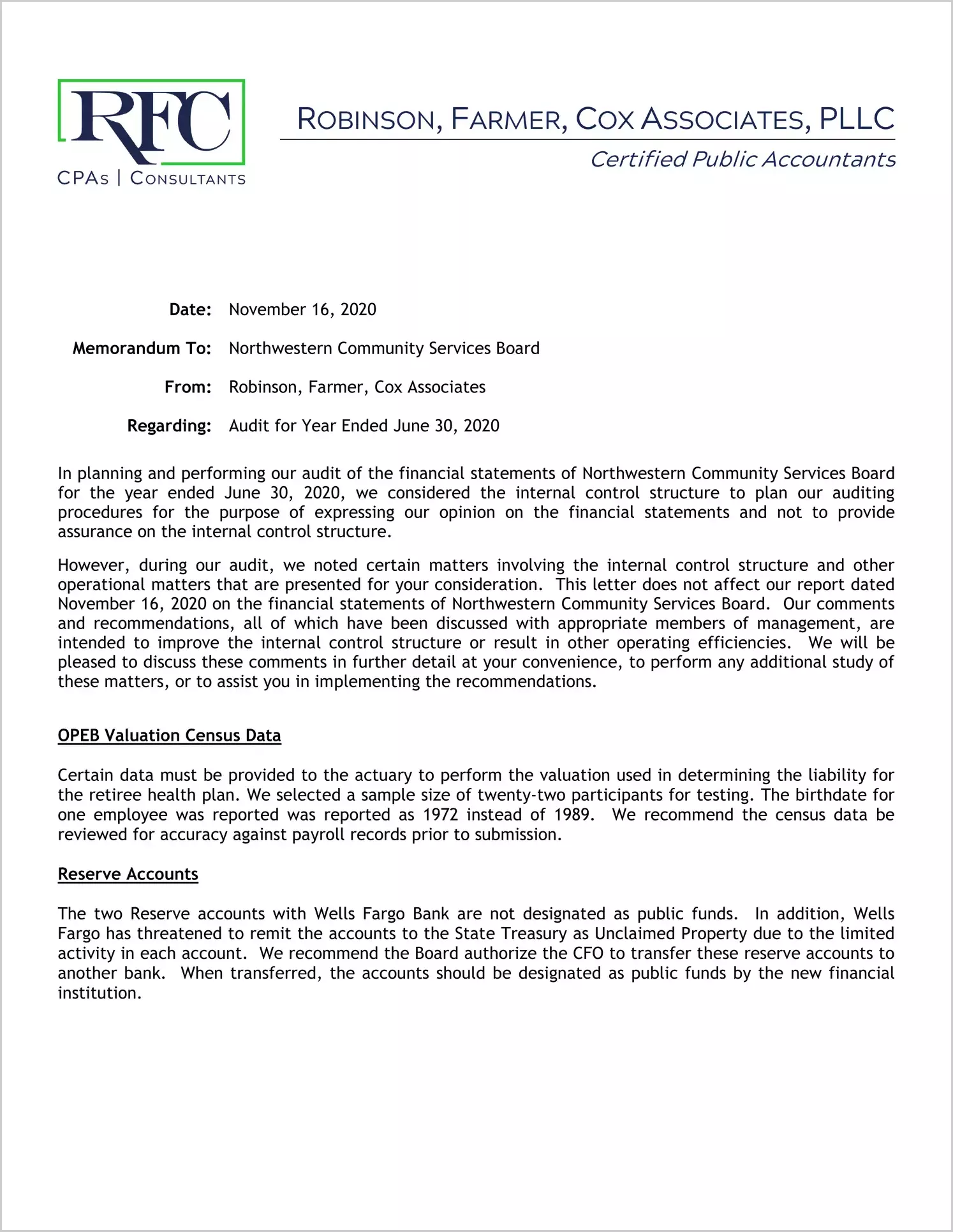 2020 ABC/Other Management Letter for Northwestern Community Services Board