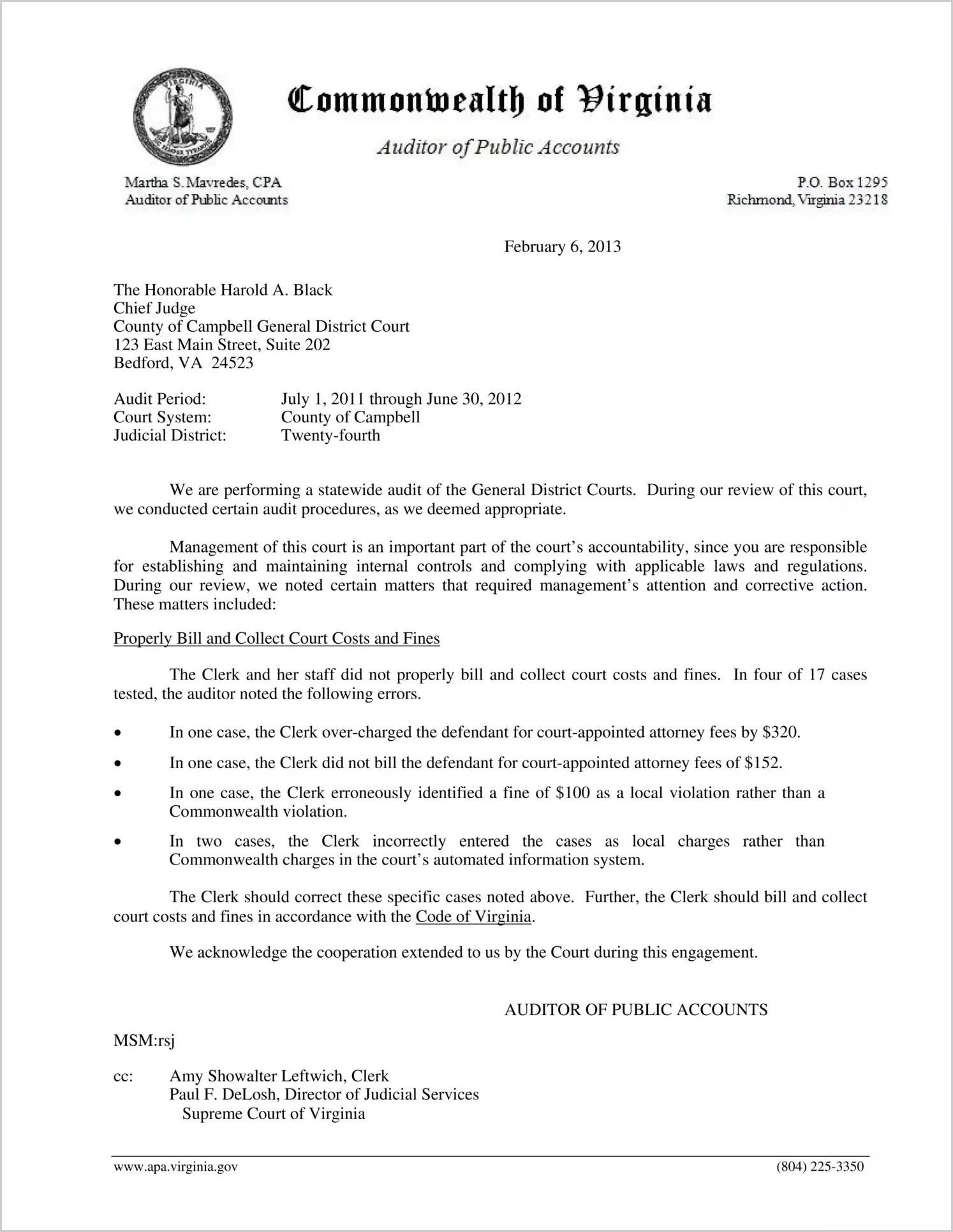 Clerk of the General District Court for the County of Campbell Report on Audit for the period July 1, 2011 through June 30, 2012