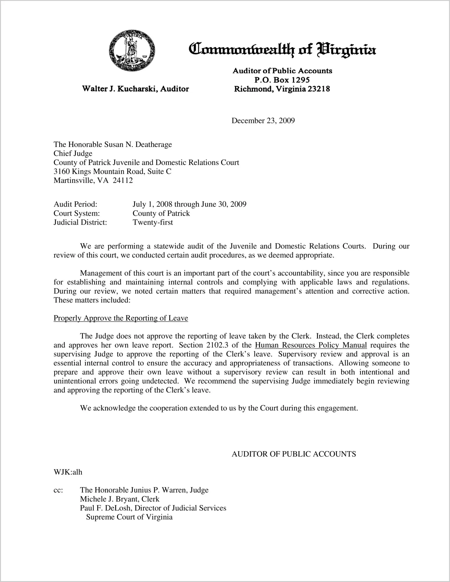 Clerk of the Juvenile and Domestic Relations Court for the County of Patrick Report on Audit for the period July 1, 2008 through June 30, 2009