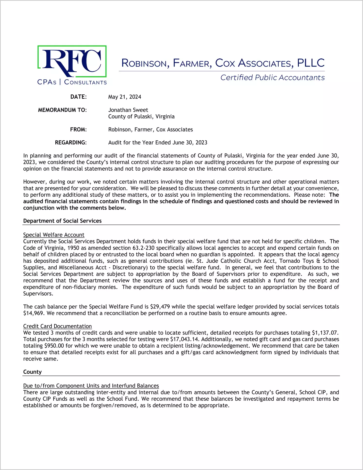 preview of 2023 Management Letter for County of Pulaski