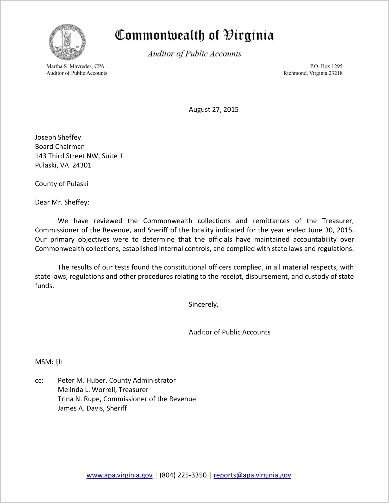 Commonwealth collections and remittances of the Treasurer, Commissioner of the Revenue, and Sheriff of the County of Pulaski for the year ended June 30, 2015