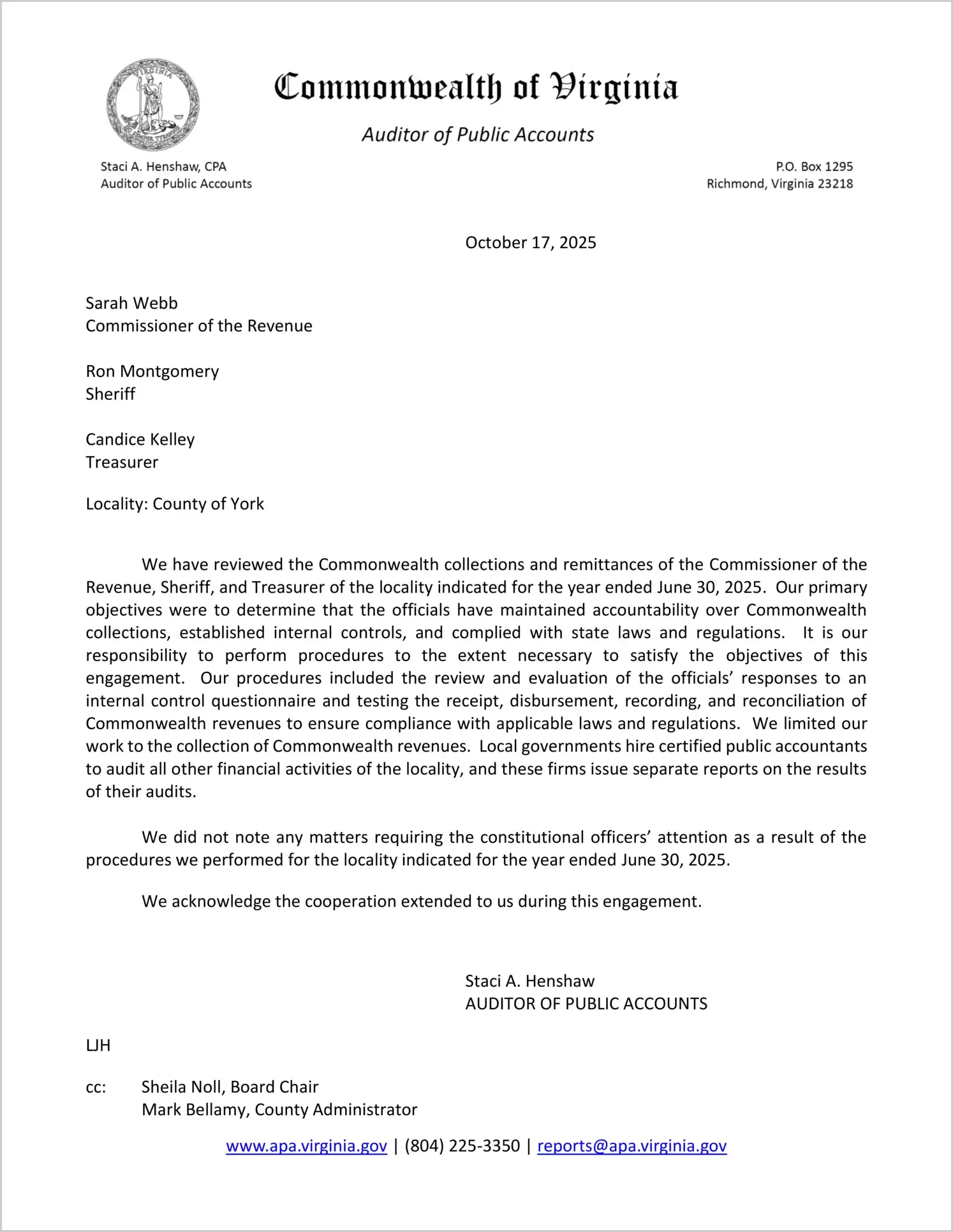 Commonwealth Collections and Remittances of the Commissioner of the Revenue, Sheriff, and Treasurer for the County of York for the year ended June 30, 2025