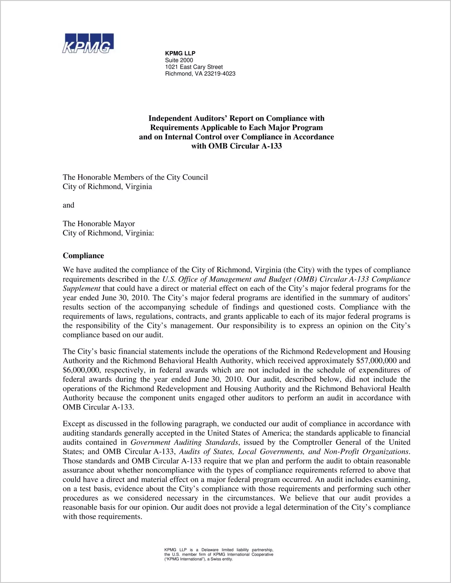 preview of 2010 Internal Control and Compliance Report for City of Richmond