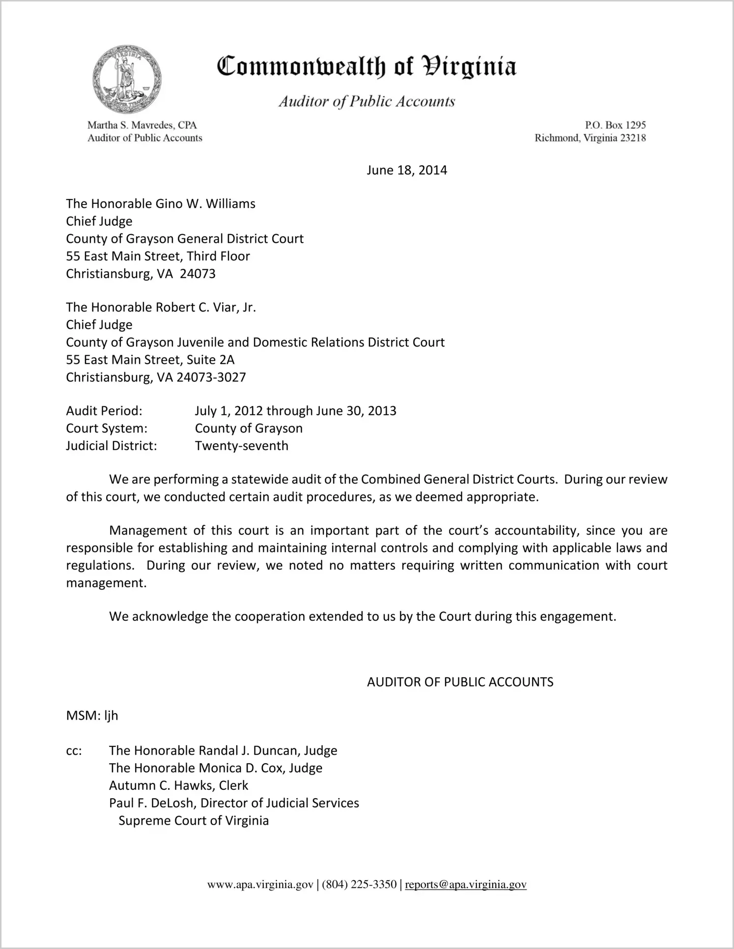 Clerk of the Combined General District Court for the County of Grayson Report on Audit for the period July 1, 2012 through June 30, 2013