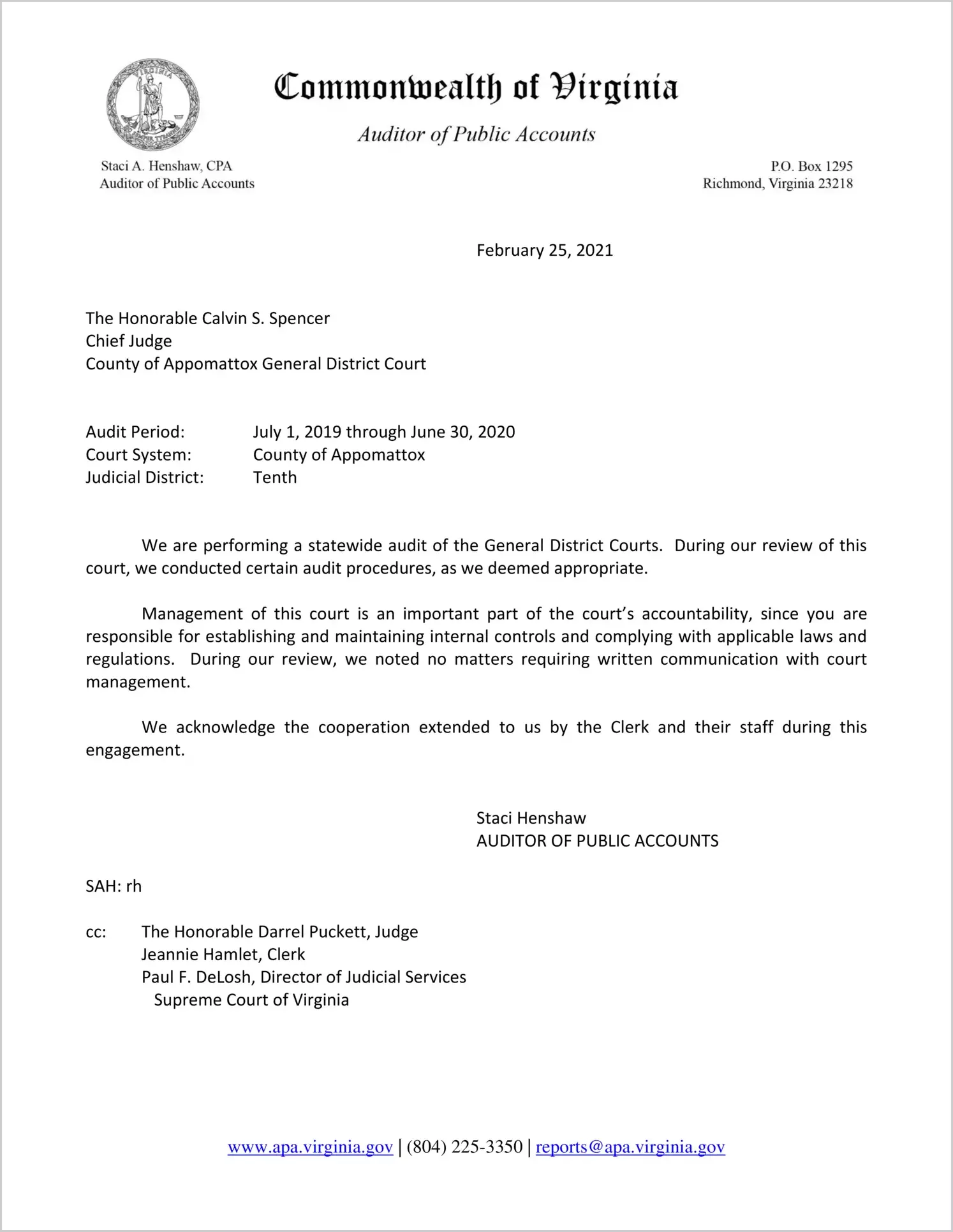General District Court for the County of Appomattox for the period July 1, 2019 through June 30, 2020