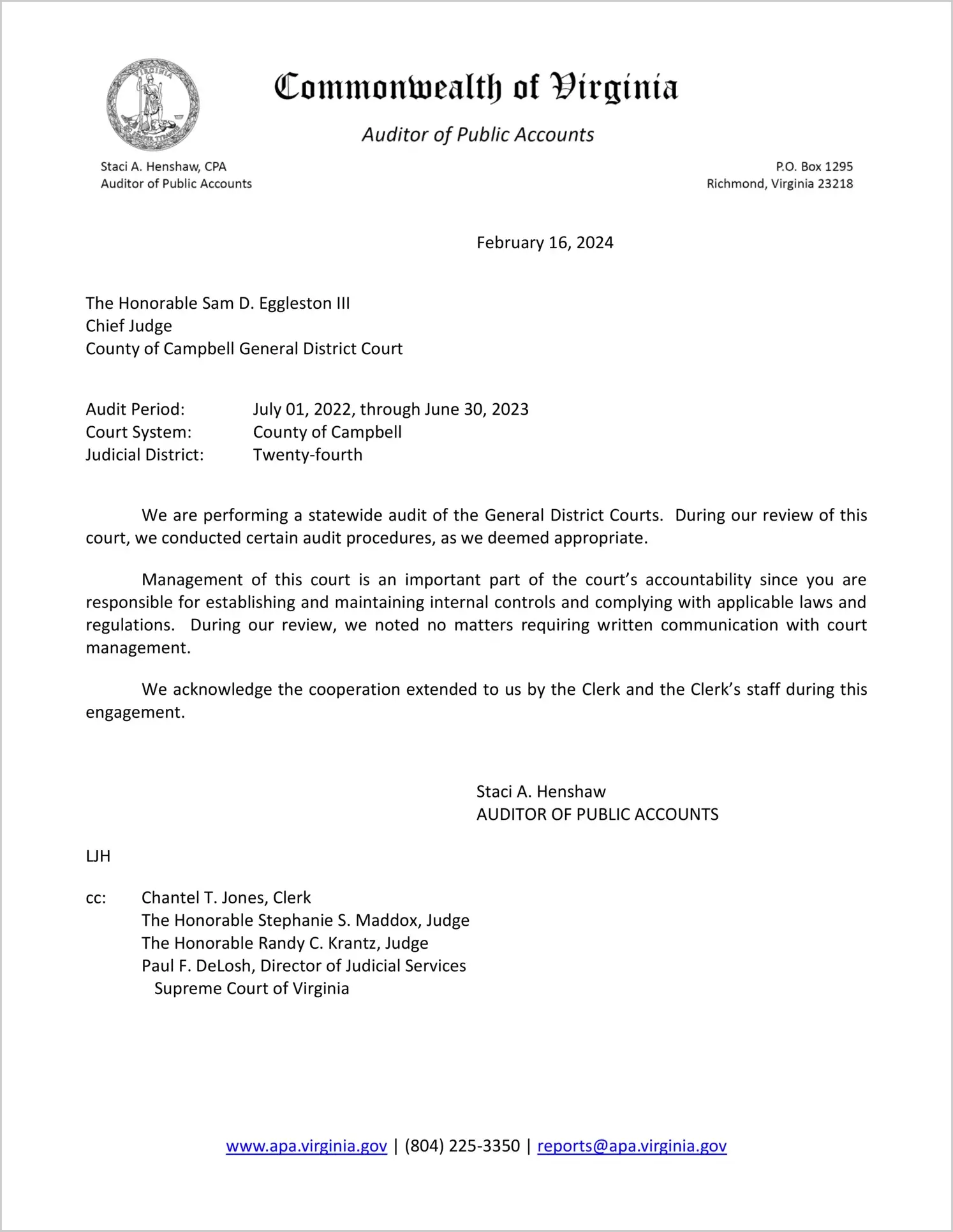General District Court for the County of Campbell for the period July 1, 2022 through June 30, 2023