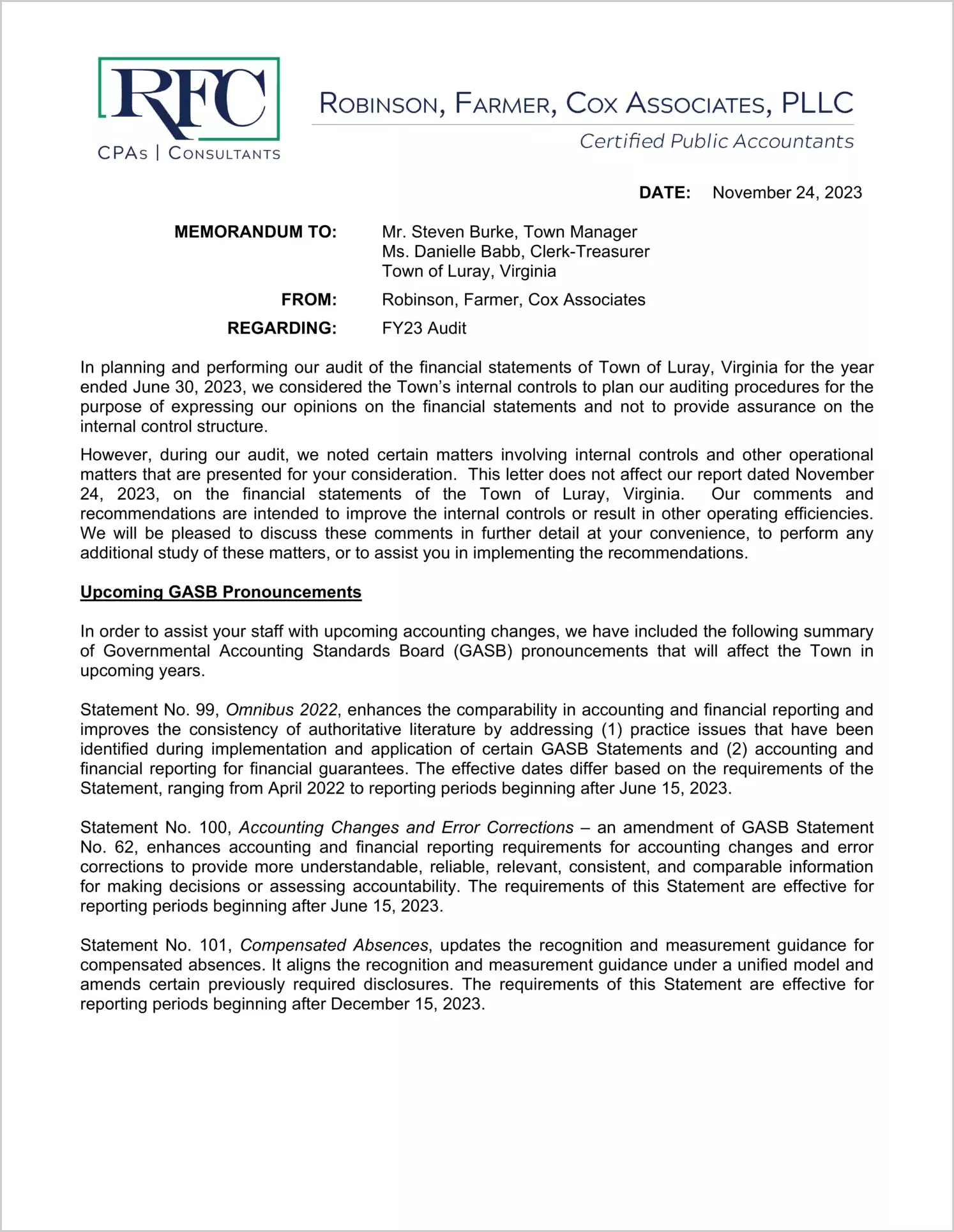 preview of 2023 Management Letter for Town of Luray