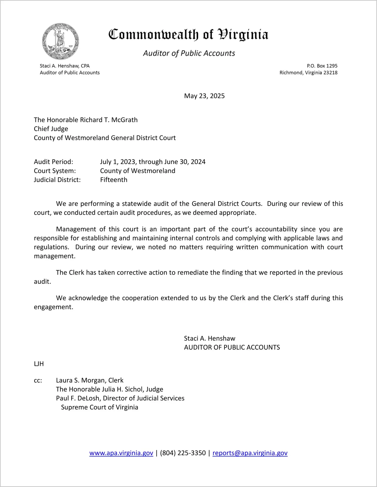 General District Court for the County of Westmoreland for the period July 1, 2023 through June 30, 2024