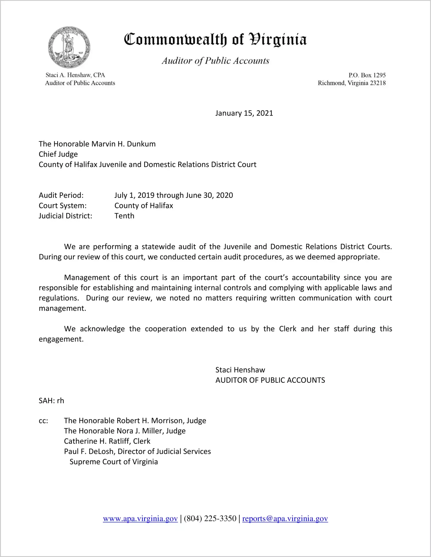 Juvenile and Domestic Relations Court for the County of Halifax for the period July 1, 2019 through June 30, 2020