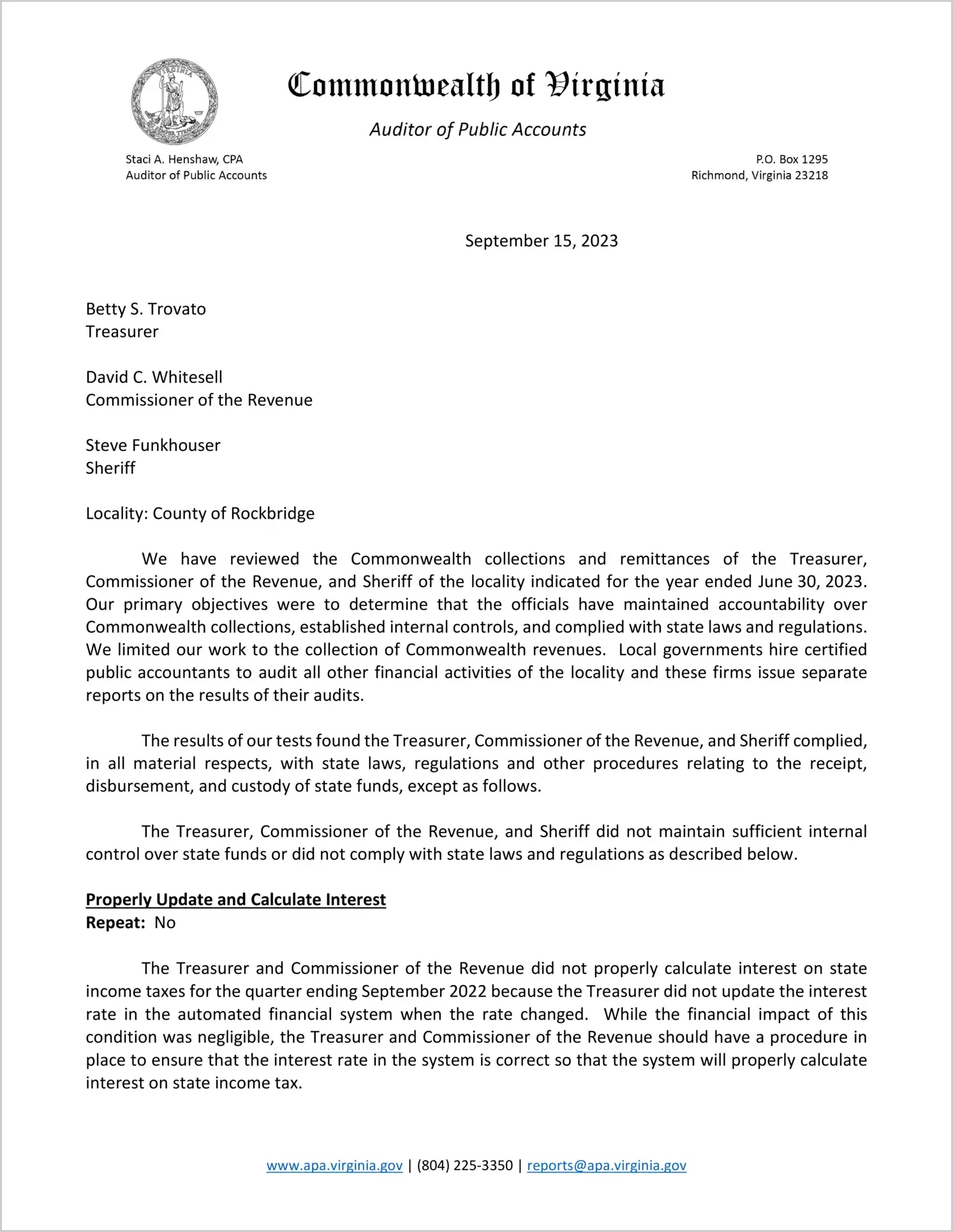 Commonwealth Collections and Remittances of the Treasurer, Commissioner of the Revenue, and Sheriff for the County of Rockbridge for the year ended June 30, 2023
